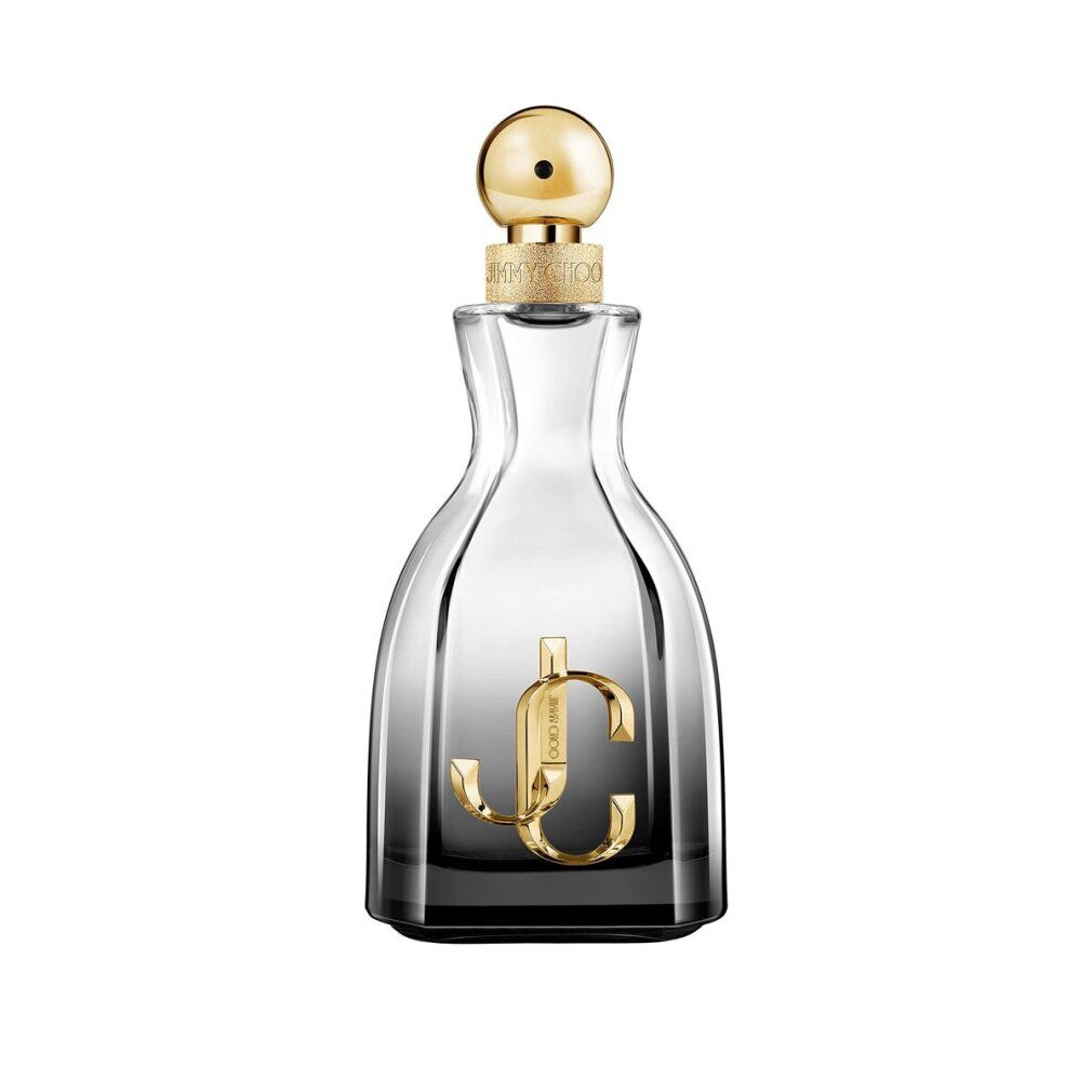 Parfümflakon mit goldfarbenem Verschluss und Logo. Farbverlauf von transparent zu schwarz. Goldfarbenes Logo.