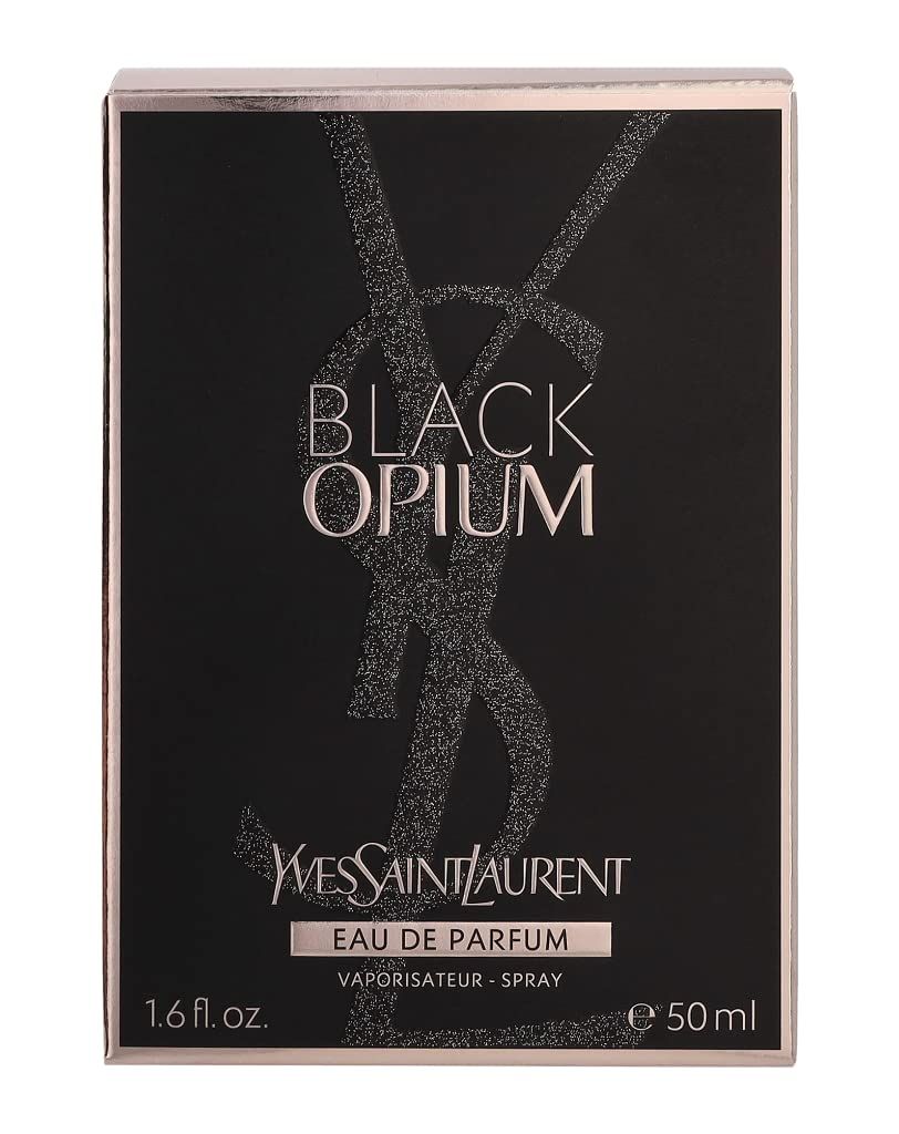 Schwarze Verpackung von Black Opium EdP. Logo und Schriftzug in Silber. Text: Eau de Parfum, Vaporisateur Spray, 50 ml.