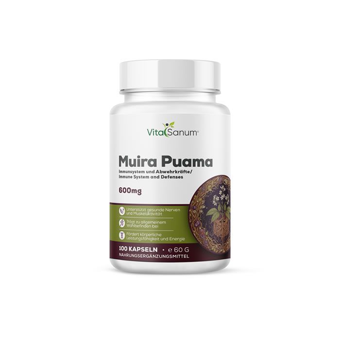 VitaSanum® Muira Puama-Kapseln in weißer Flasche. 600mg, 100 Kapseln. Grün-braunes Etikett mit Produktinformationen und Logo.