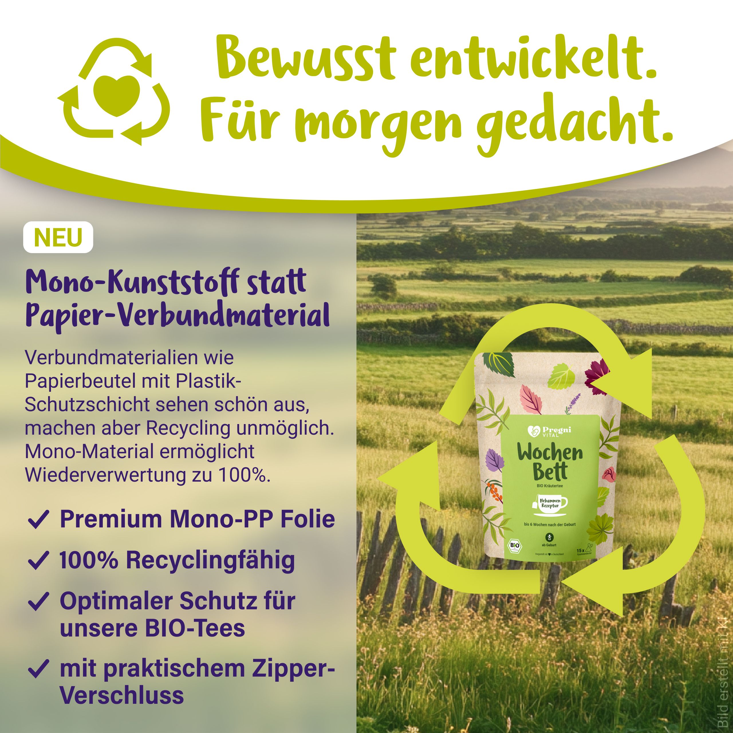 PregniVital Wochenbett BIO Kräutertee Verpackung aus 100% recycelbarer Monokunststoff-Folie mit Zipper.