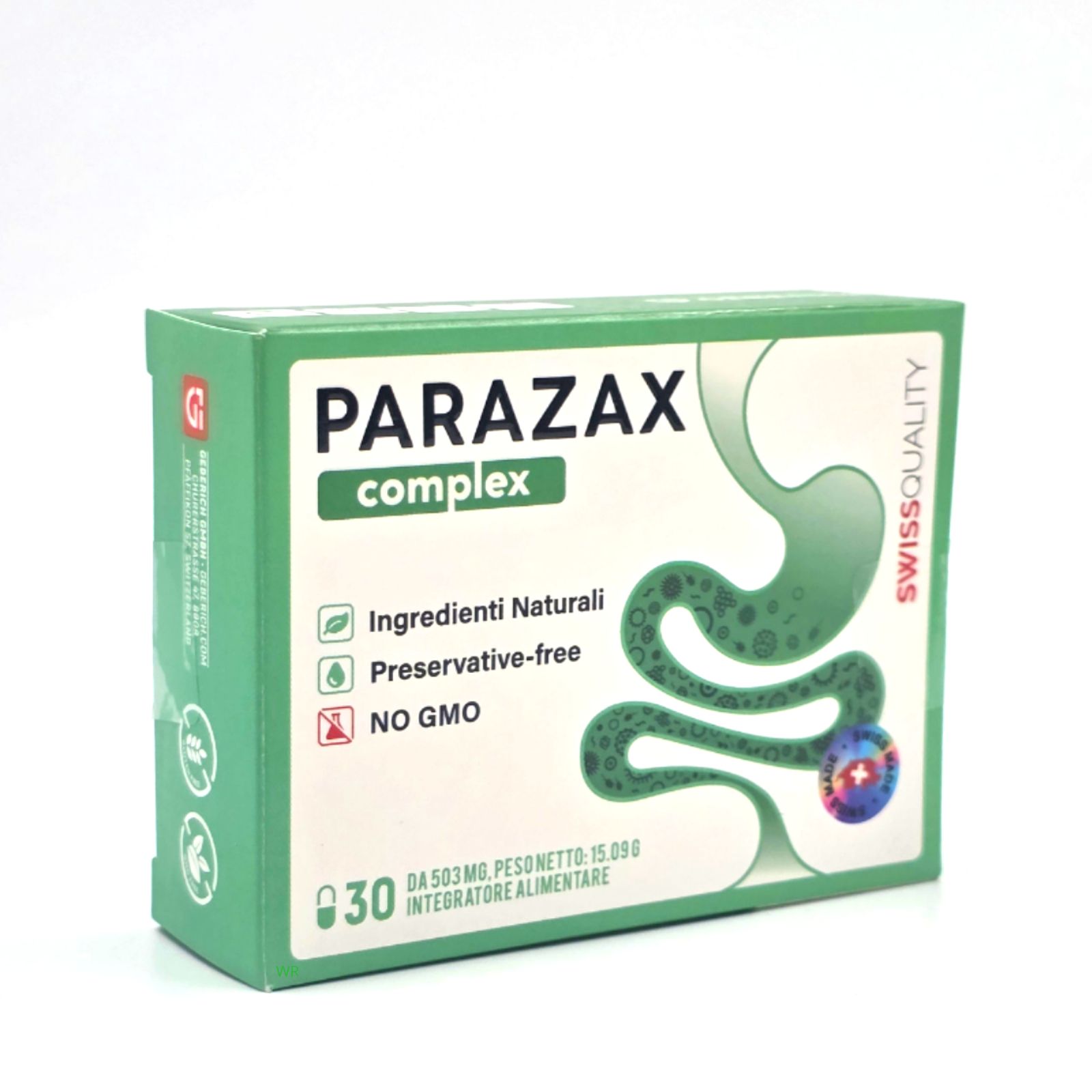 PARAZAX complex Verpackung mit Magenabbildung und Informationen zu Inhaltsstoffen.