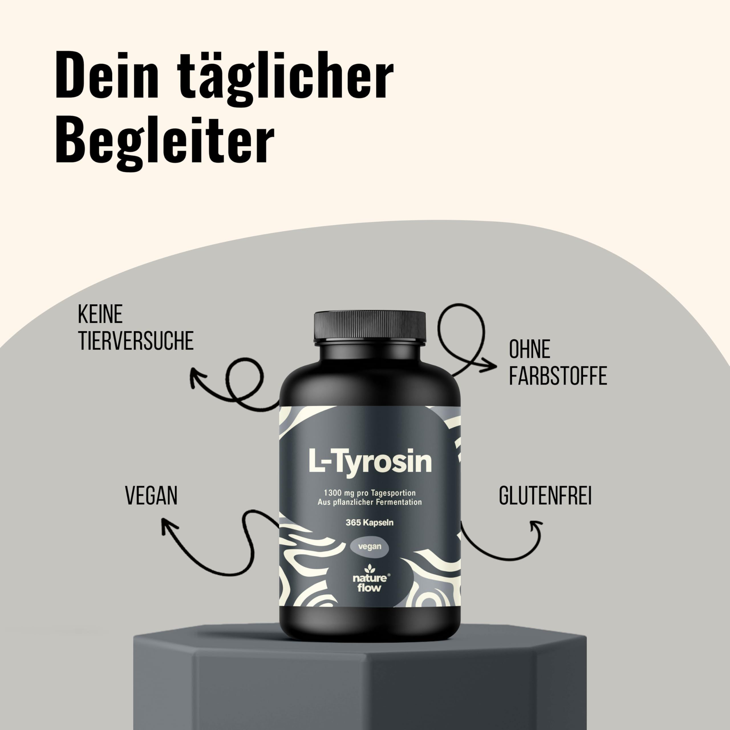 L-Tyrosin Kapseln Dose, vegan, glutenfrei, ohne Farbstoffe, keine Tierversuche.
