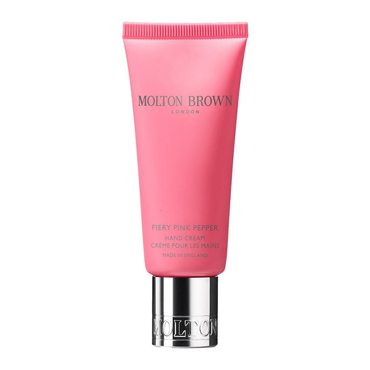 Rosa Tube mit silberner Kappe. Aufschrift: Molton Brown London, Fiery Pink Pepper Hand Cream.