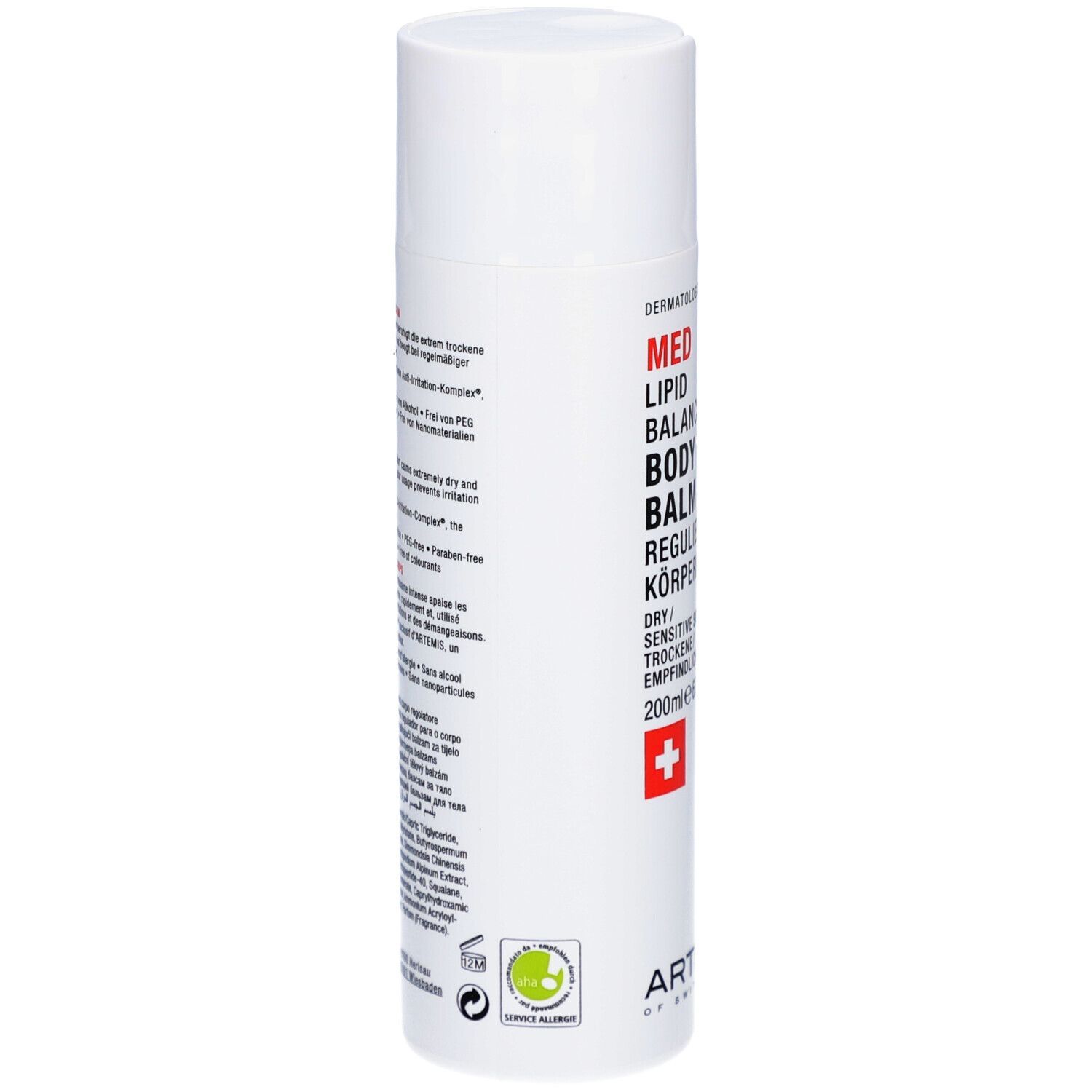 Weiße Flasche mit roter und schwarzer Schrift. Text: MED Lipid Balancing Body Balm. Schweizer Kreuz. 200ml.