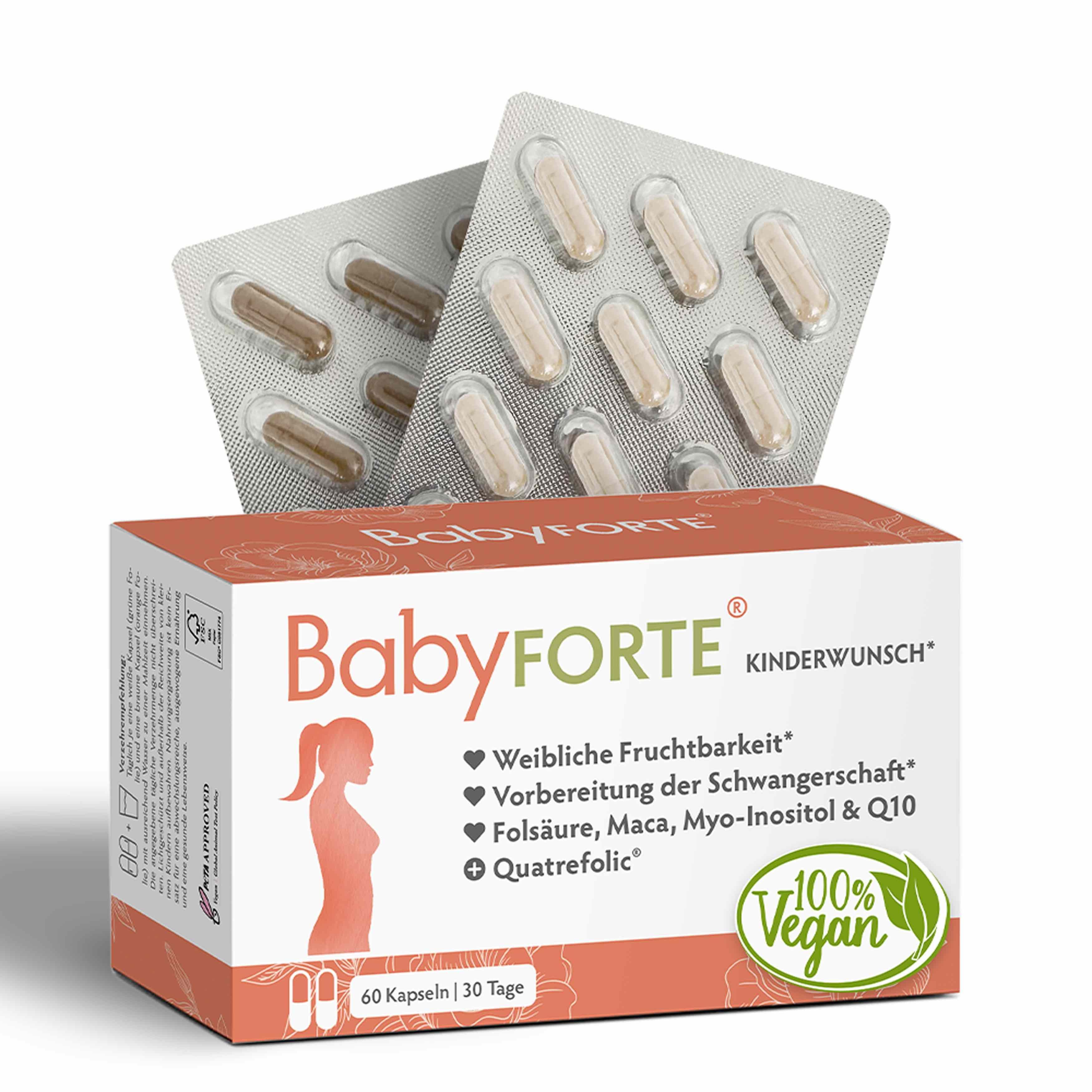 BabyFORTE® Kinderwunsch Packung mit Blistern. Text: Weibliche Fruchtbarkeit, Vorbereitung der Schwangerschaft, 100% Vegan.