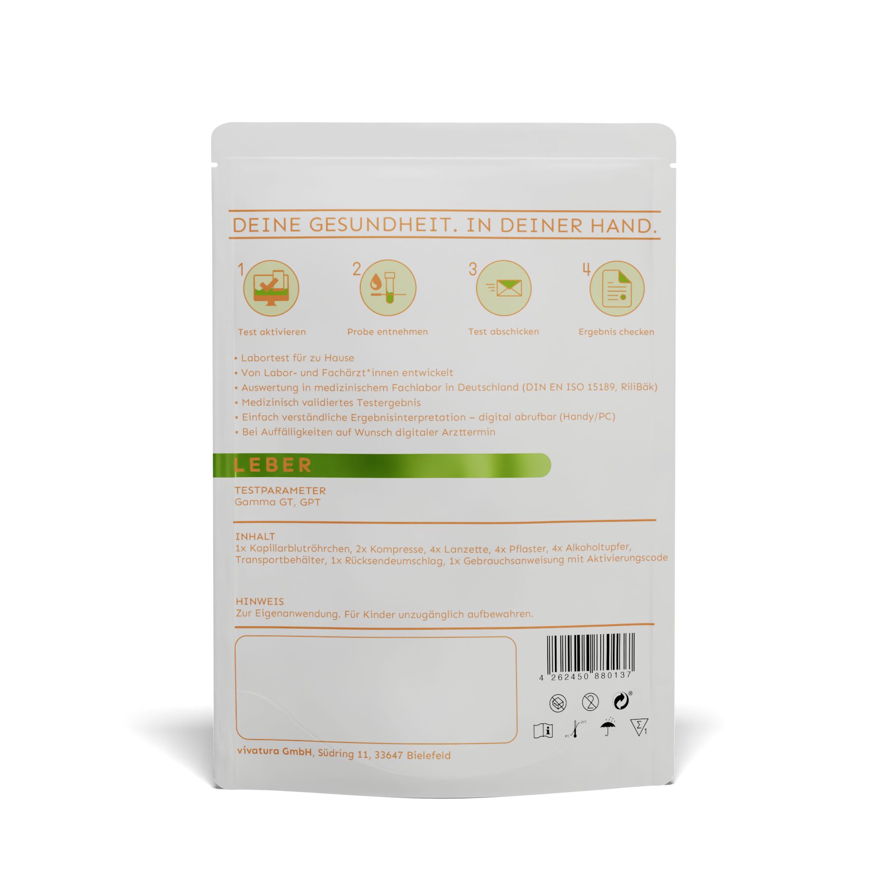 Rückseite der Verpackung mit Text und Piktogrammen. Enthält Informationen zum Leber-Test-Kit.