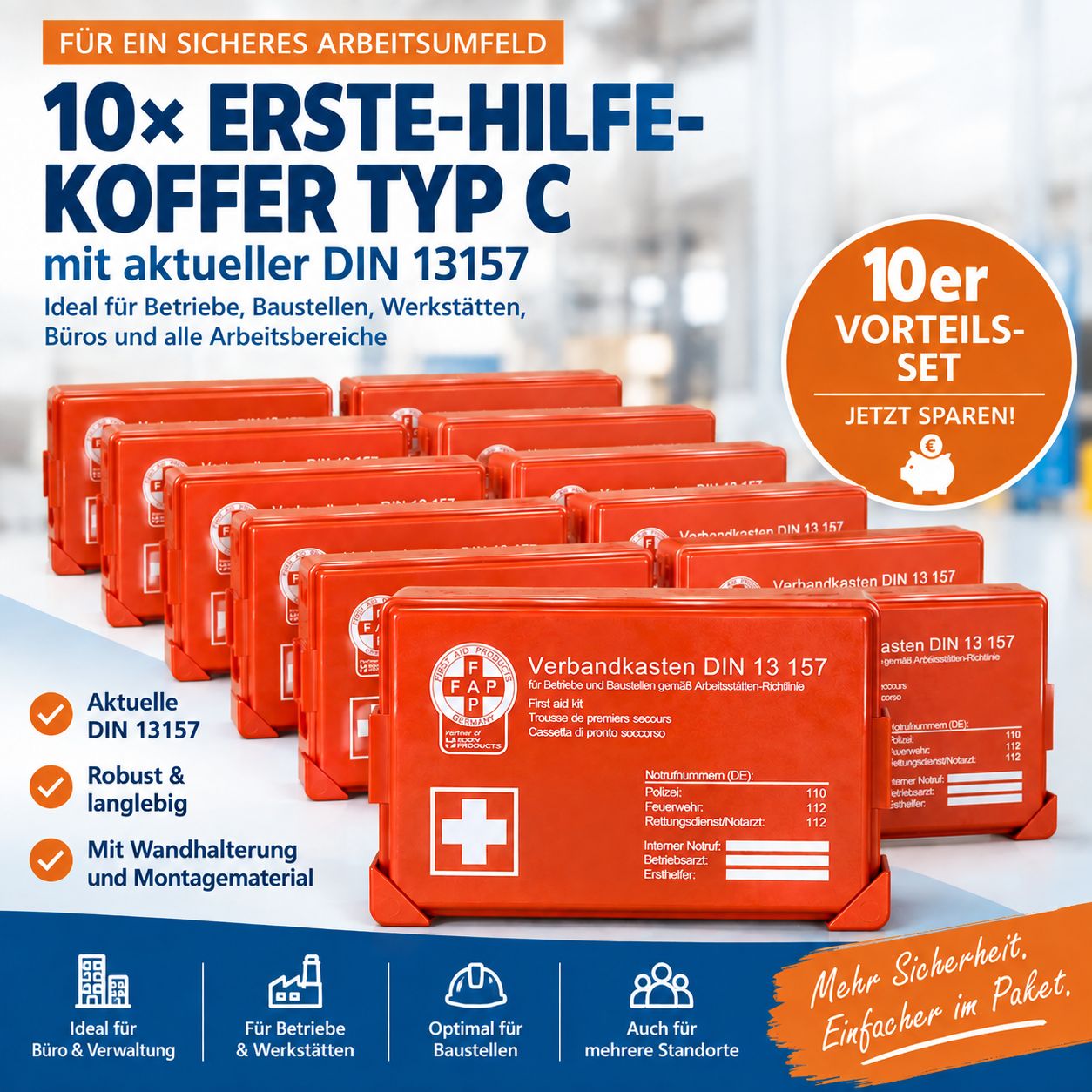 Zehn Erste-Hilfe-Koffer Typ C (DIN 13157) im Set. Orange Koffer für Arbeitsumfeld, Büro, Baustelle.