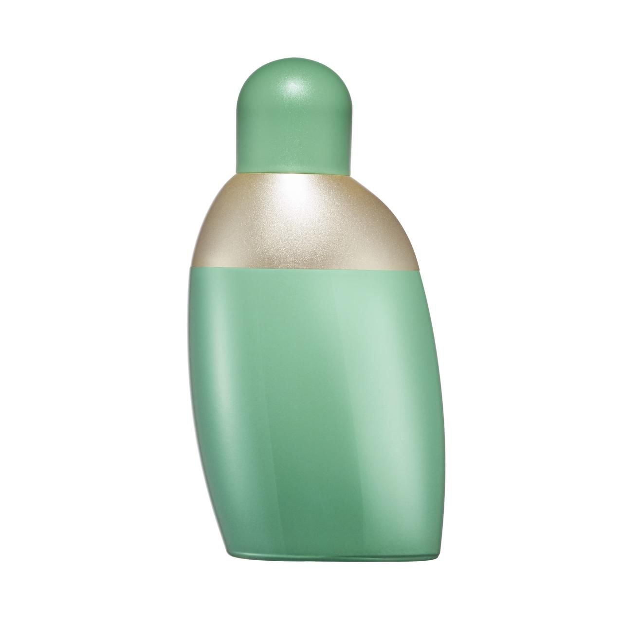 Grüne Parfumflasche mit hellgrünem Deckel. Beige-farbener Übergang. Abgerundete Form.