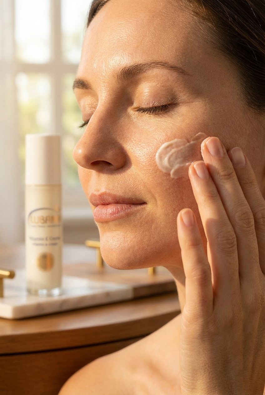 Frau trägt Lubana Vitamin E Creme auf ihr Gesicht auf.