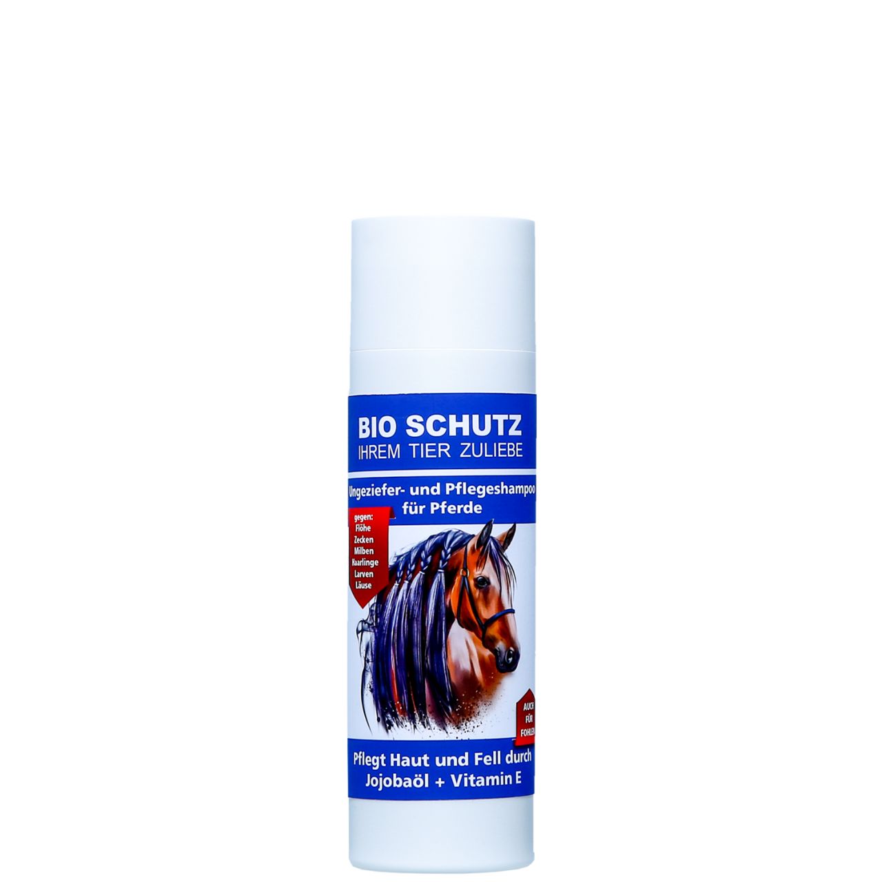 Weiße Flasche mit blauem Etikett. Text: BIO SCHUTZ, Ungeziefer- und Pflegeshampoo für Pferde. Abbildung eines Pferdes. Text: Pflegt Haut und Fell.