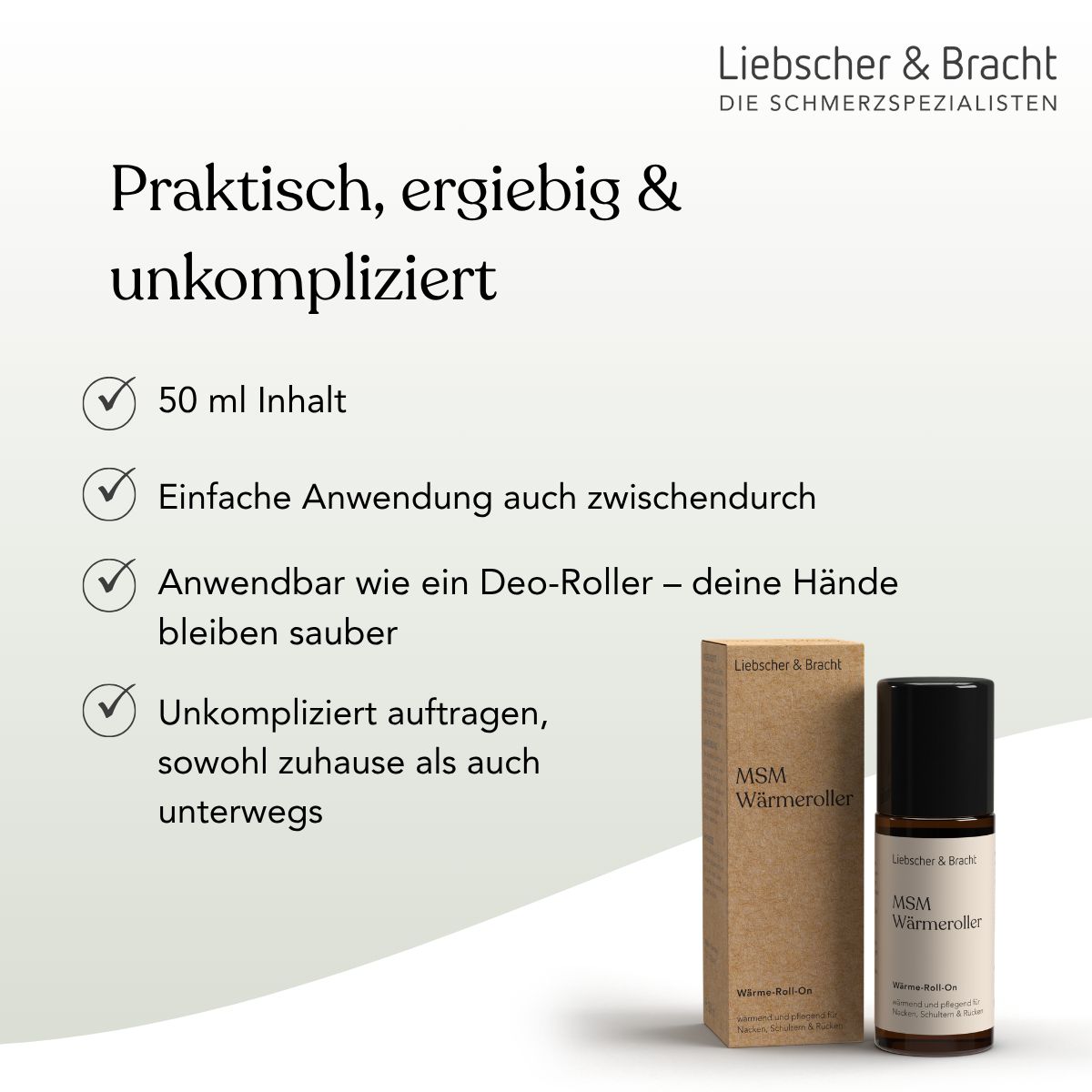 Infografik mit Checklistenpunkten zu Handhabung und Inhalt des MSM Wärmerollers, daneben Flasche und Verpackung.