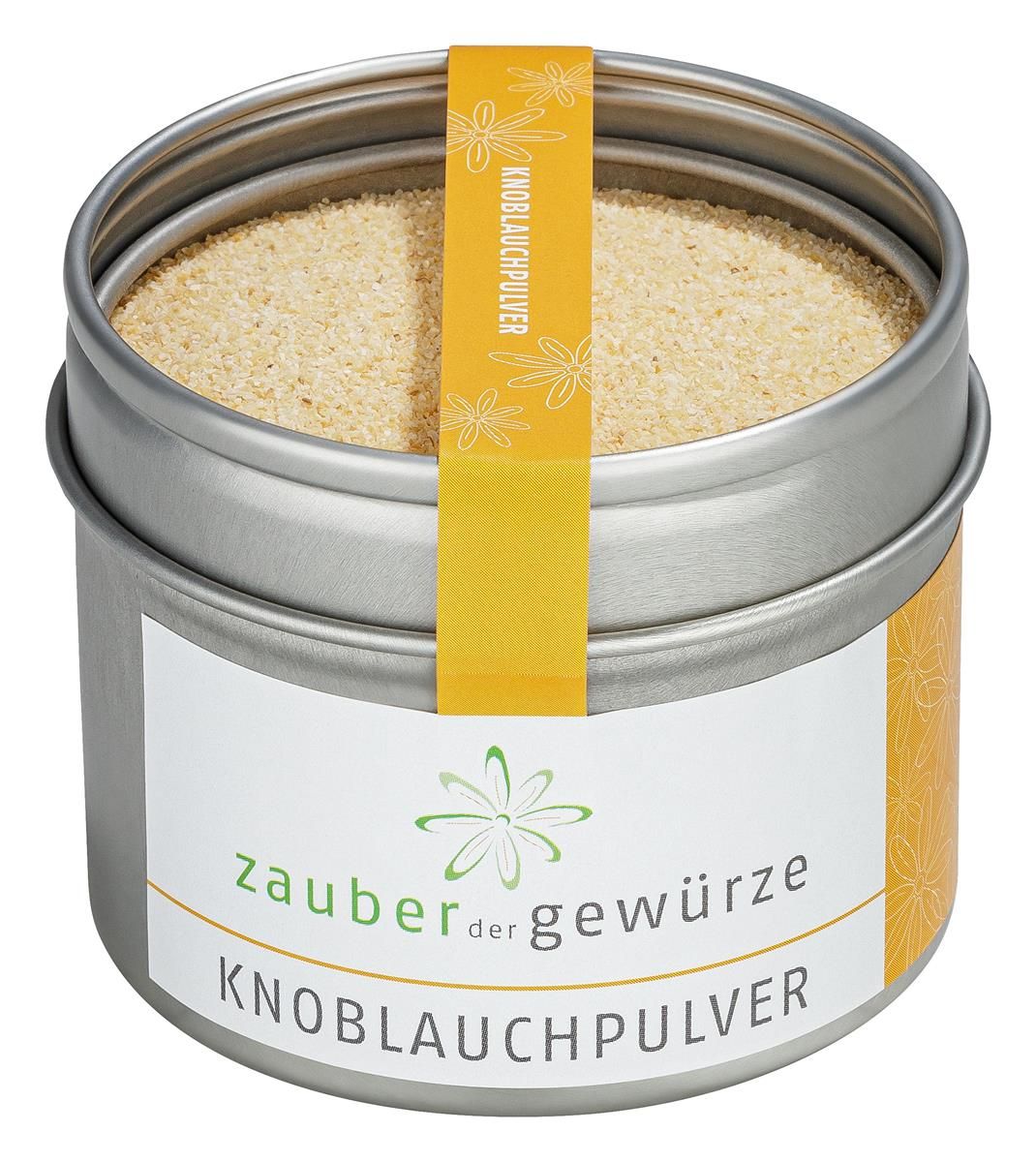 Metallbehälter mit Knoblauchpulver. Aufkleber mit Schriftzug: Zauber der Gewürze Knoblauchpulver. Gelber Streifen mit Schriftzug.