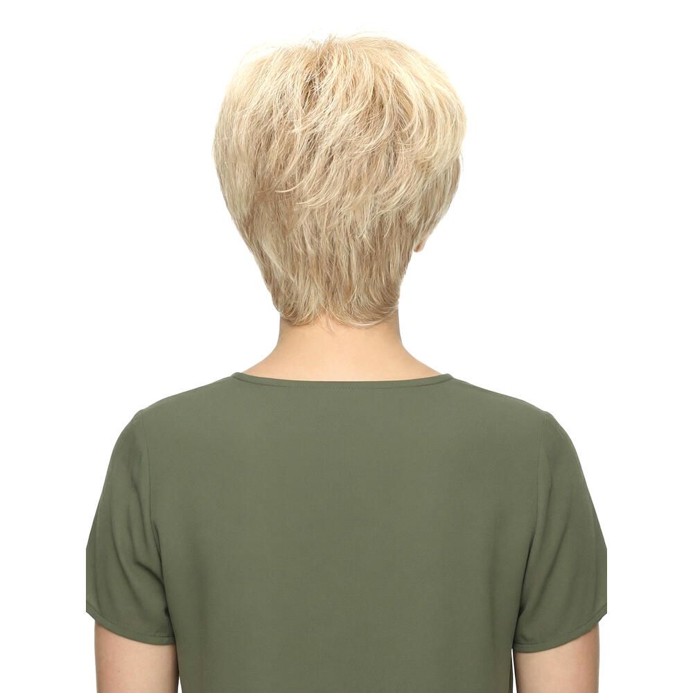 Kurzhaarperücke in Blond. Rückansicht. Die Haare sind kurz geschnitten und leicht gewellt.