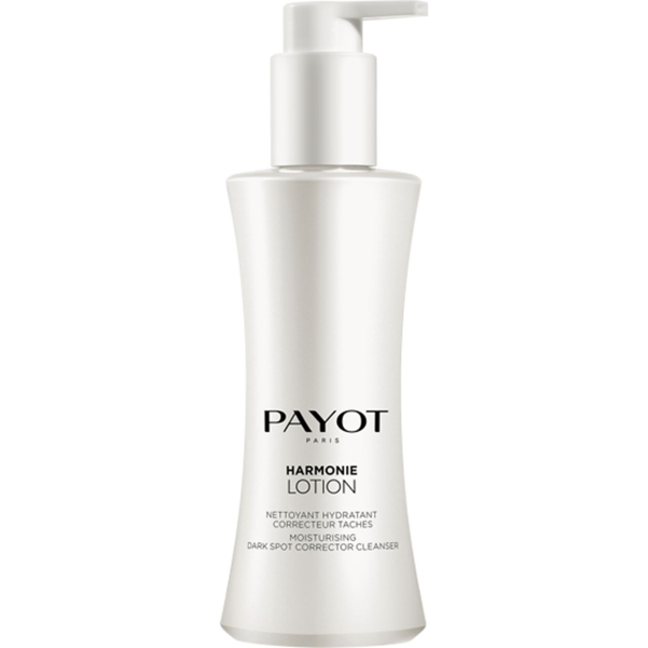 Weiße Flasche mit Pumpverschluss. Aufschrift: Payot, Harmonie Lotion. Text: Nettoyant hydratant, correcteur de taches.