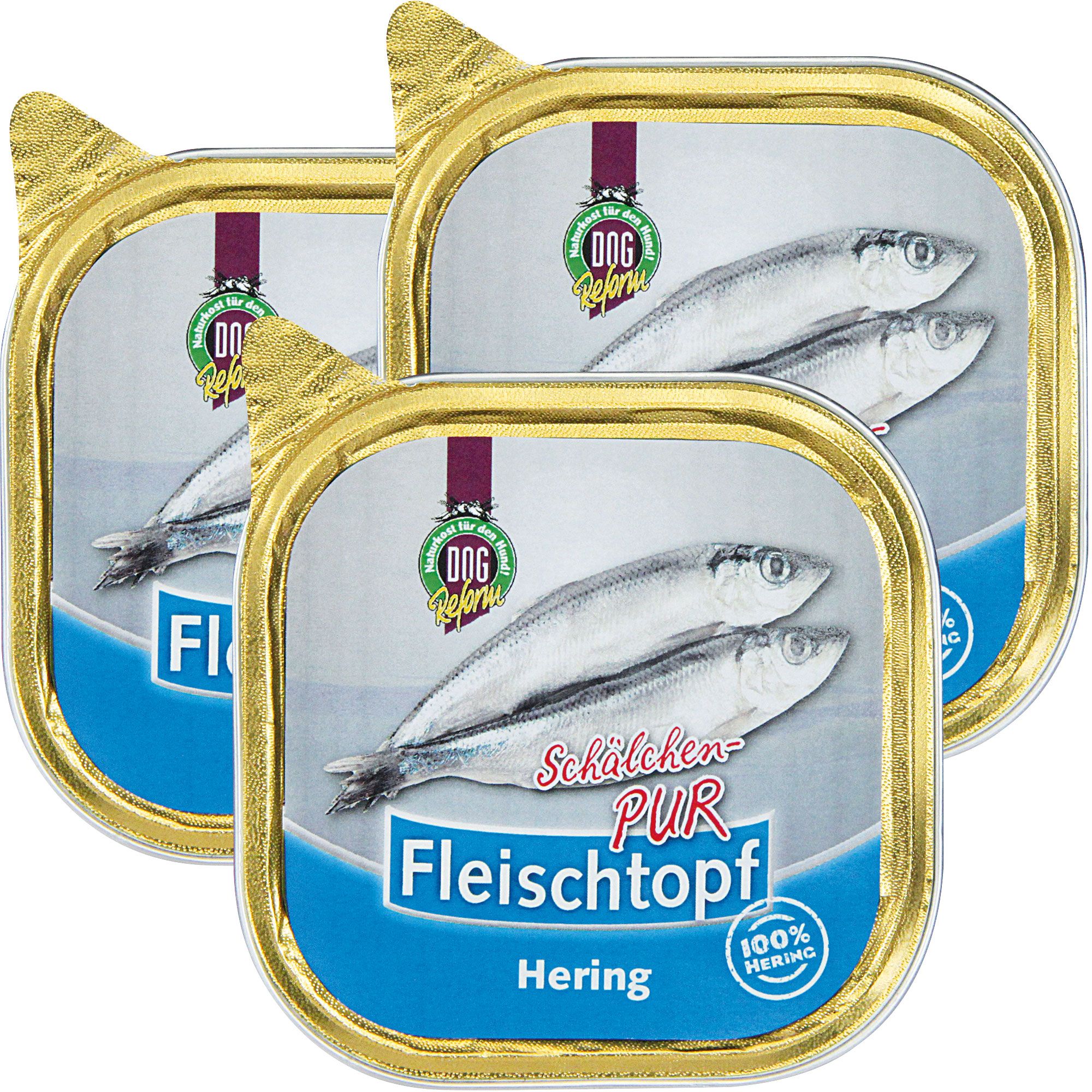 Drei Schälchen Nassfutter mit Fisch. Aufschrift: Fleischtopf, Hering, 100% Hering. Logo: DOG Reform.