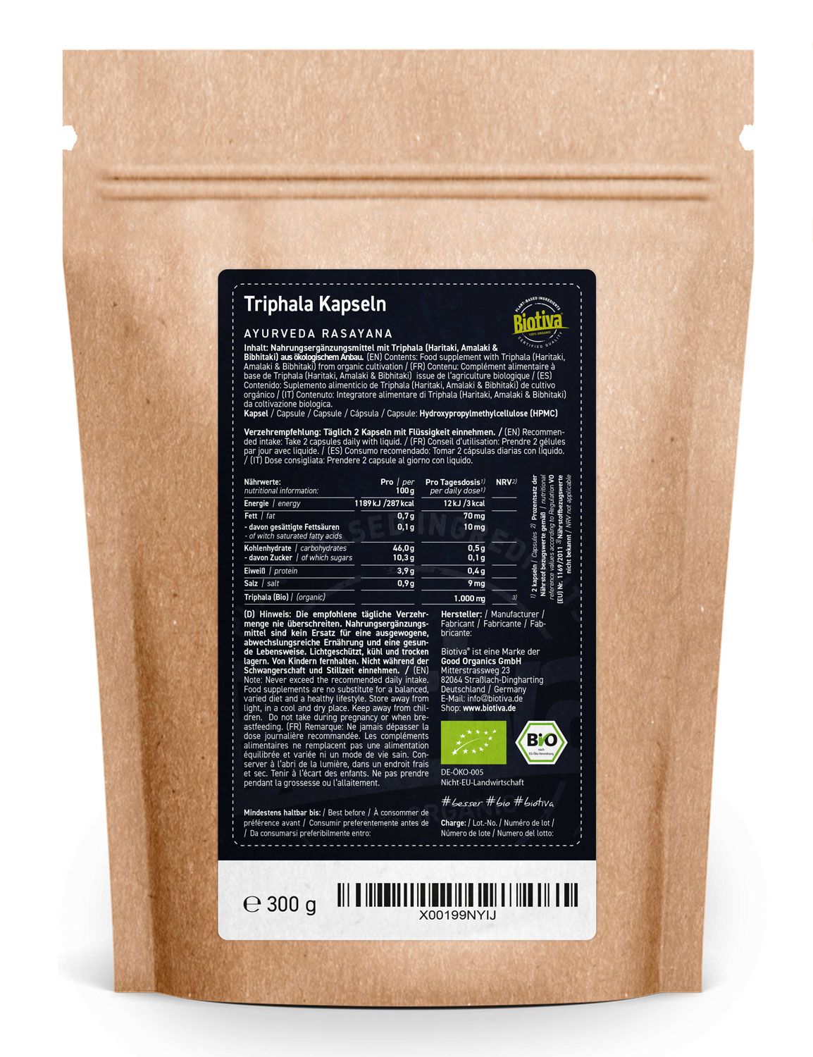 Rückseite der Biotiva Triphala Kapseln Bio Verpackung. Enthält Nährwertangaben, Inhaltsstoffe und Bio-Siegel.