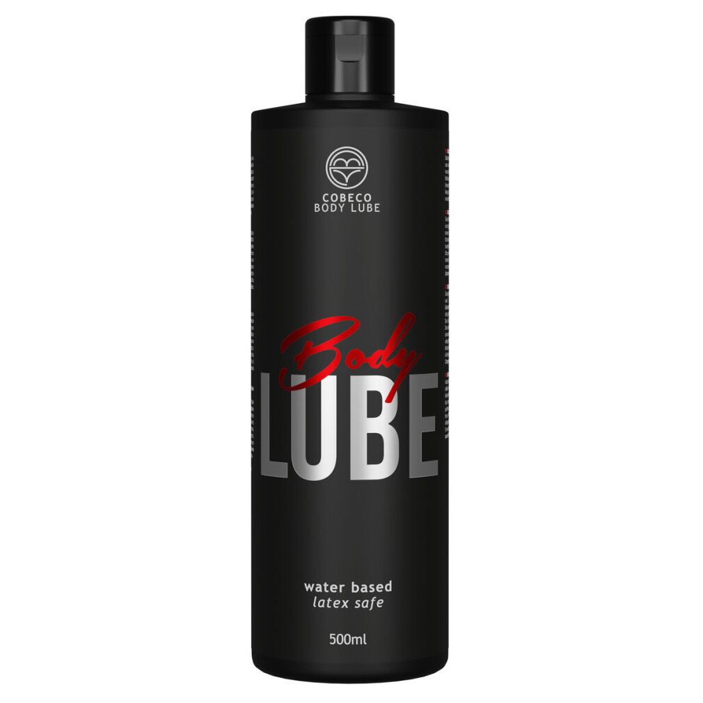 Schwarze Flasche mit schwarzem Deckel. Aufschrift "Body Lube" in Rot und Weiß. Text: "water based latex safe". Marke: Cobeco Bodylube.