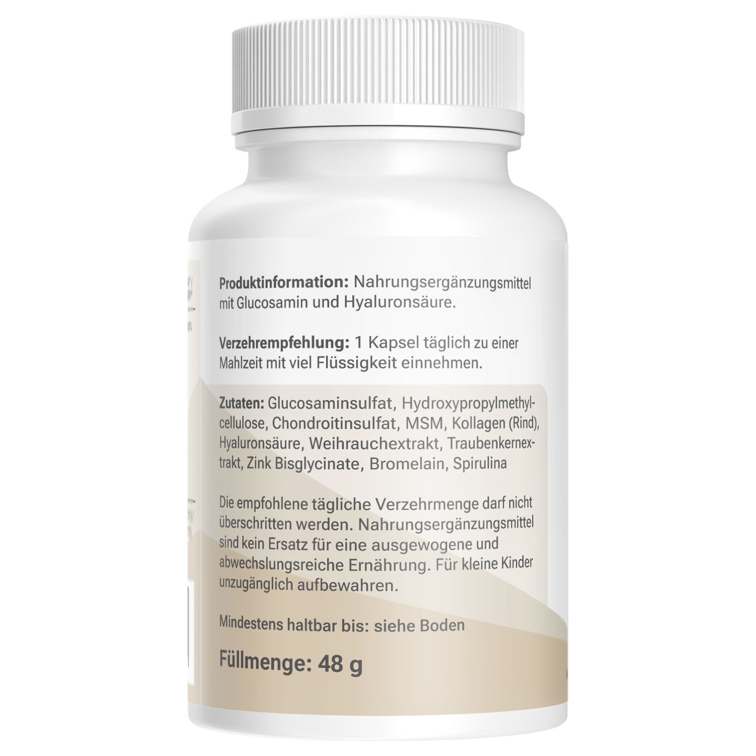 Rückseite der Gelenk Komplex Flasche mit Produktinformationen und Nährwertangaben.