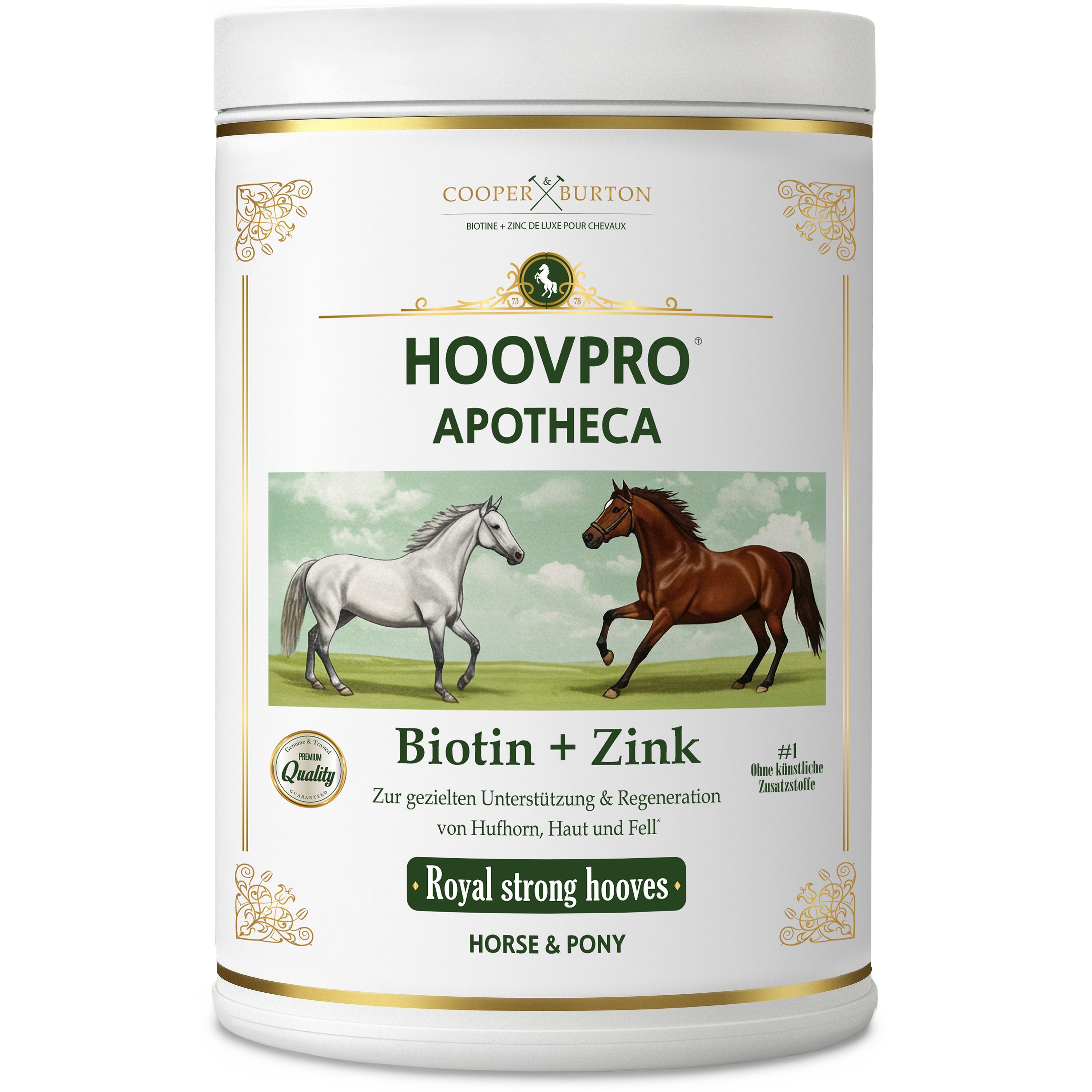 Produkt HOOVPRO APOTHECA. Text: Biotin + Zink. Für Hufe, Haut & Fell. Royal strong hooves. Horse & Pony.