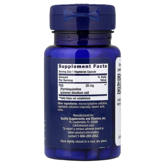 Blauer Behälter mit Supplement Facts Etikett, zeigt 20 mg PQQ (Pyrrolochinolinchinon) Disodiumsalz pro vegetarischer Kapsel.