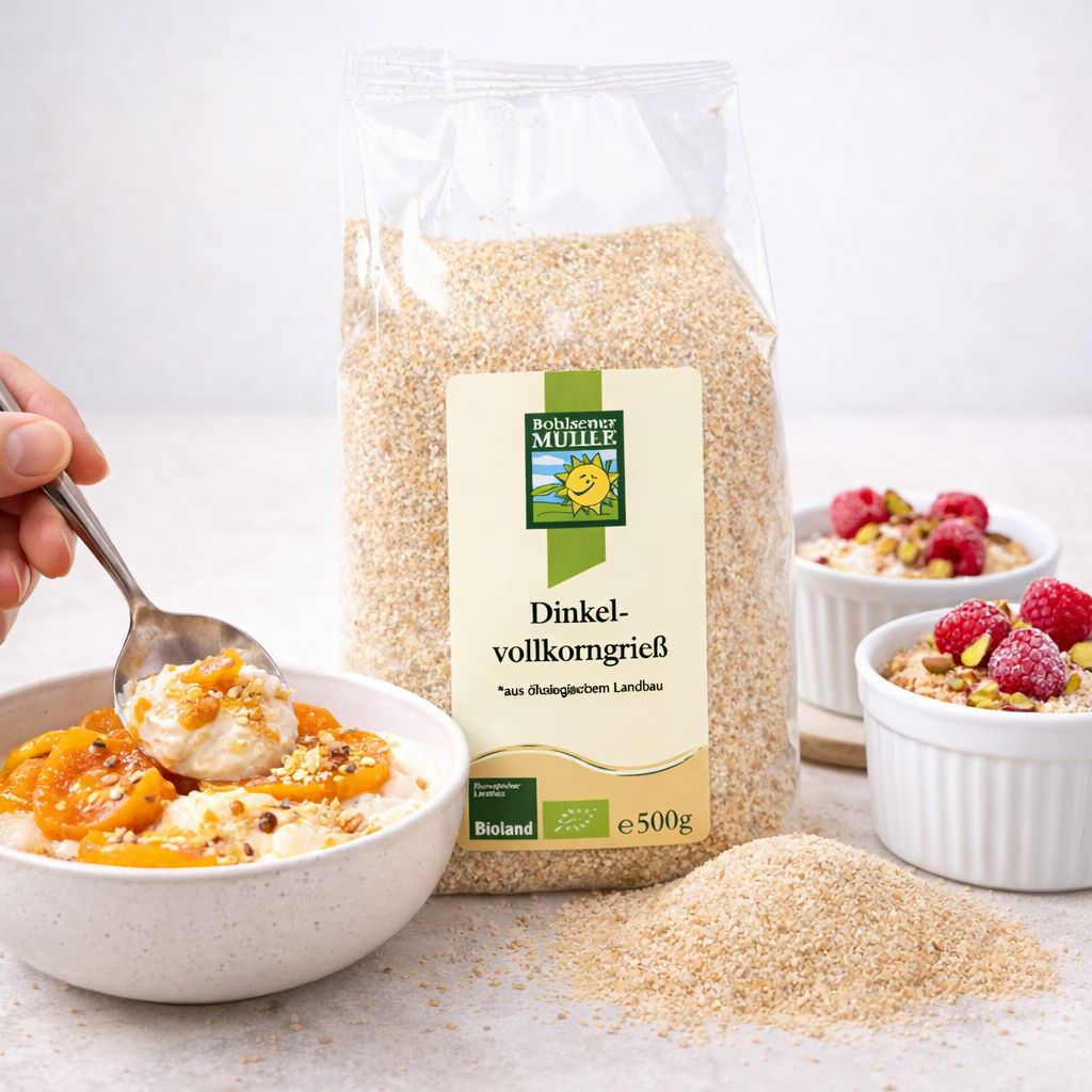 Bohlsener Mühle Dinkel Vollkorngrieß 500g Packung mit einer Schüssel Grießbrei, garniert mit Aprikosen und Nüssen.