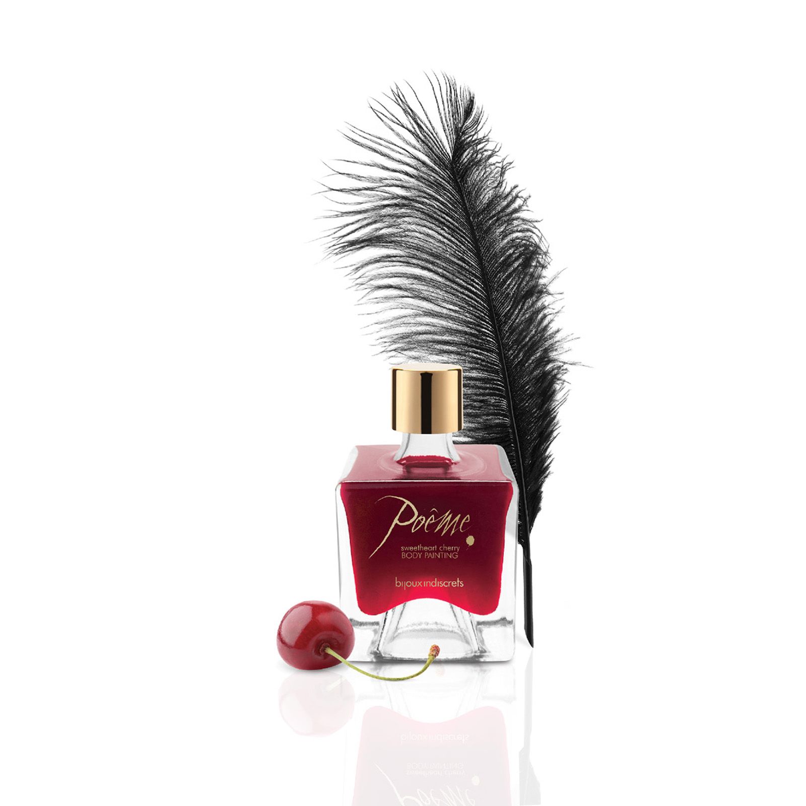 Flakon mit roter Flüssigkeit, goldener Verschlusskappe. Schwarze Feder. Kirsche. Schriftzug: Poeme, Sweetheart Cherry, Bijoux Indiscrets.