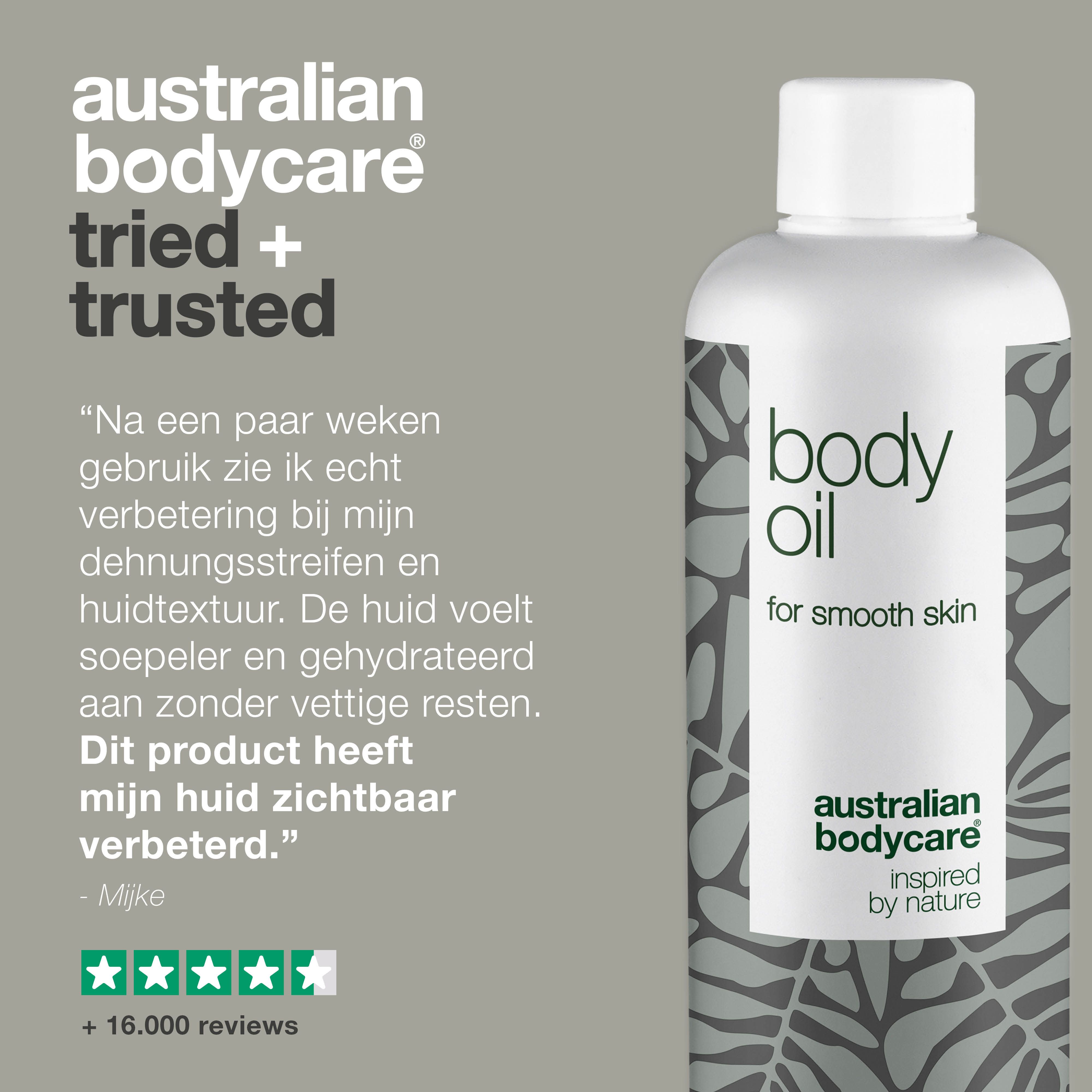 Collage met producten en personen. Merk: Australian Bodycare.