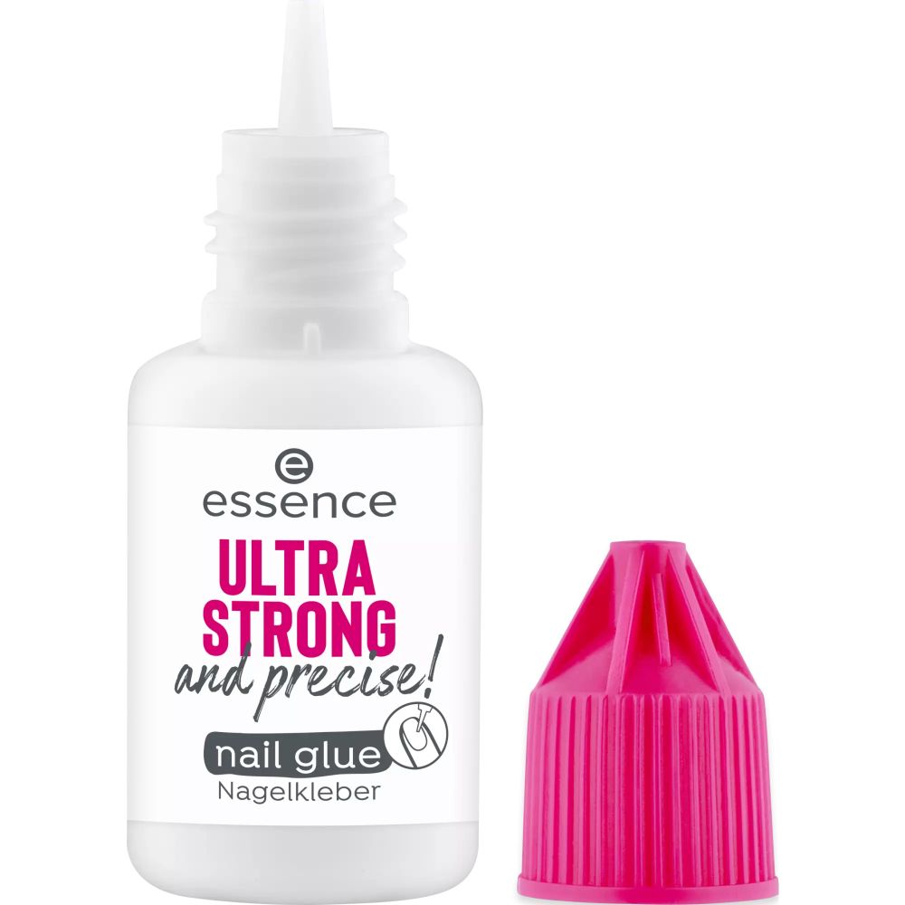 Nagelkleber-Flasche mit abgenommenem rosa Verschluss. Aufschrift: Ultra Strong and precise! Nagelkleber.