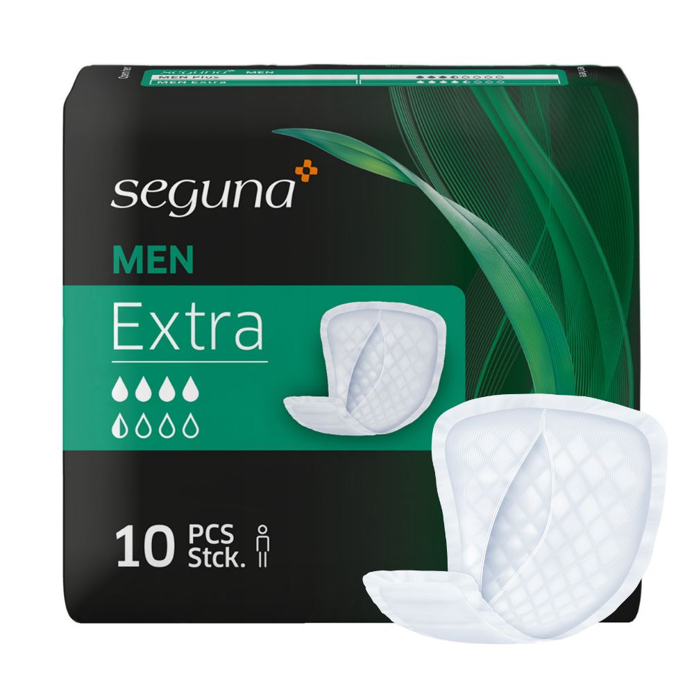 Packung SEGUNA MEN Extra mit Einlage. 10 Stück. Medizinprodukt-Kennzeichnung.