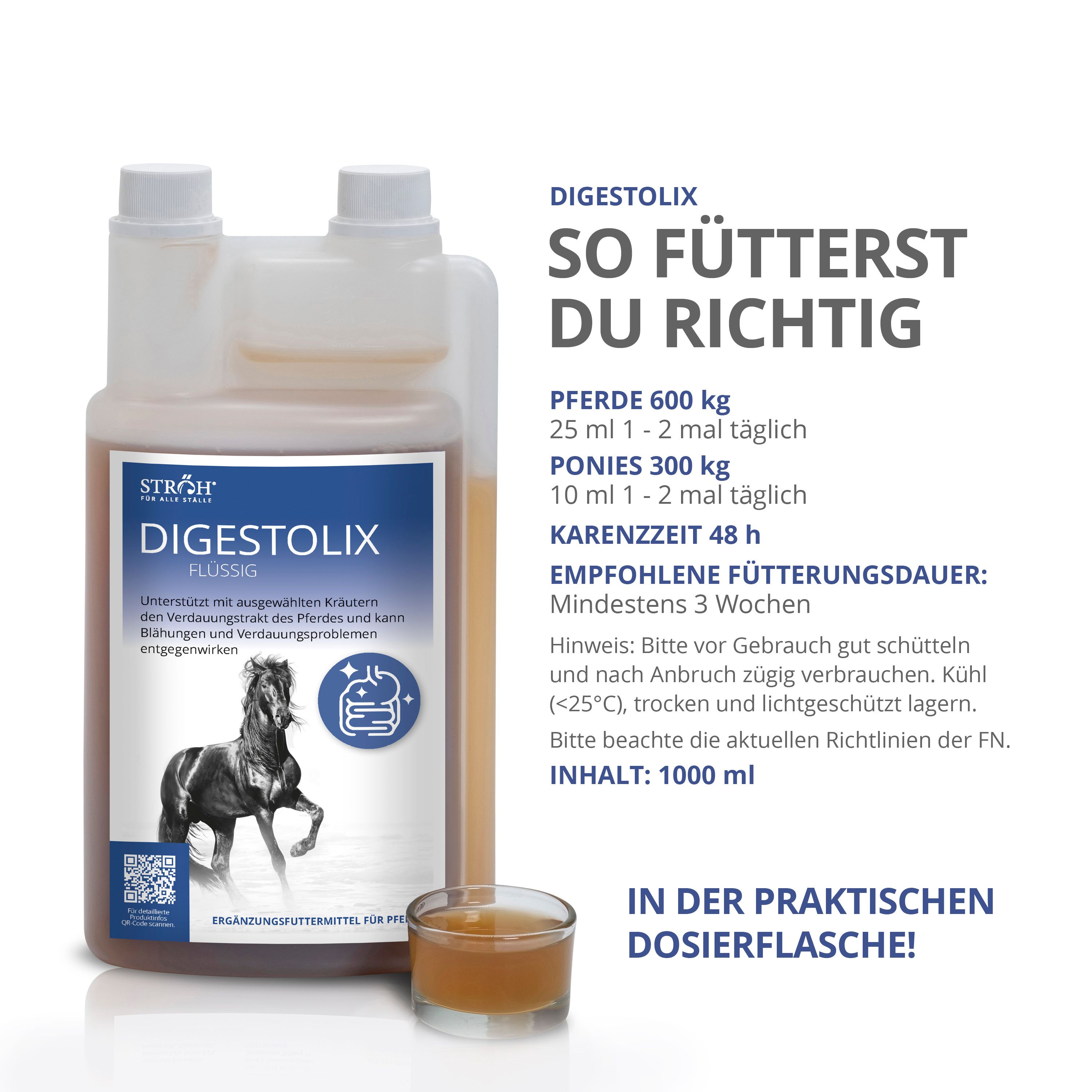 STRÖH DIGESTOLIX Flüssig in Flasche. Ergänzungsfuttermittel für Pferde. Mit Dosierempfehlung und einem Messbecher.