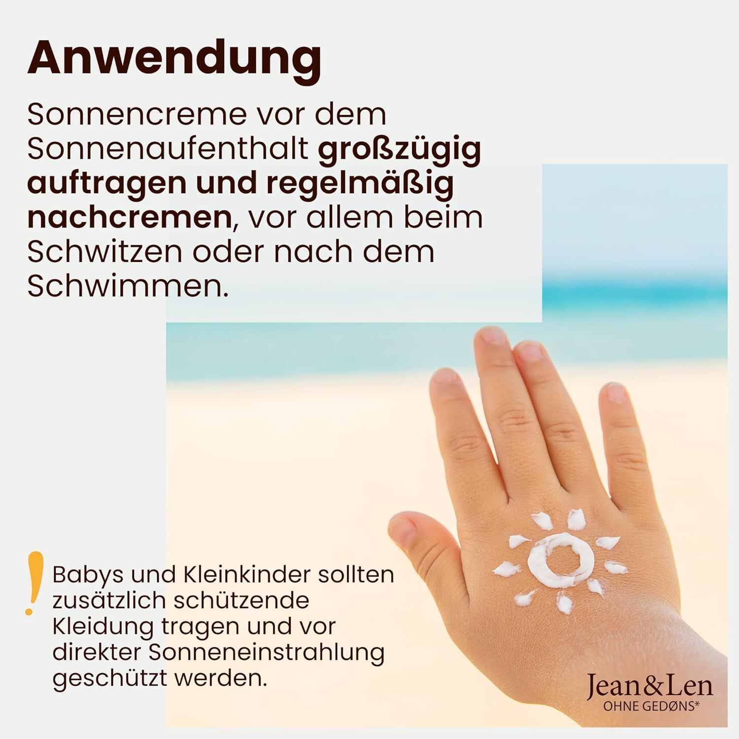 Hand mit Sonnencreme-Sonnenzeichnung. Text: Anwendung. Sonnencreme großzügig auftragen und nachcremen. Für Babys zusätzliche Kleidung.