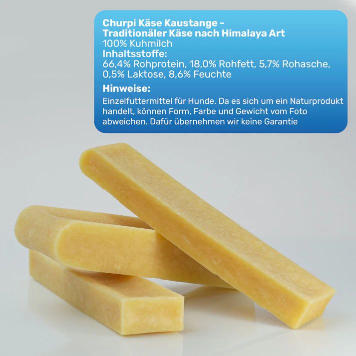 Drei gelbliche Kausnacks. Text auf blauem Schild: Rohprotein, Rohfett, Rohasche, Laktose, Feuchte.