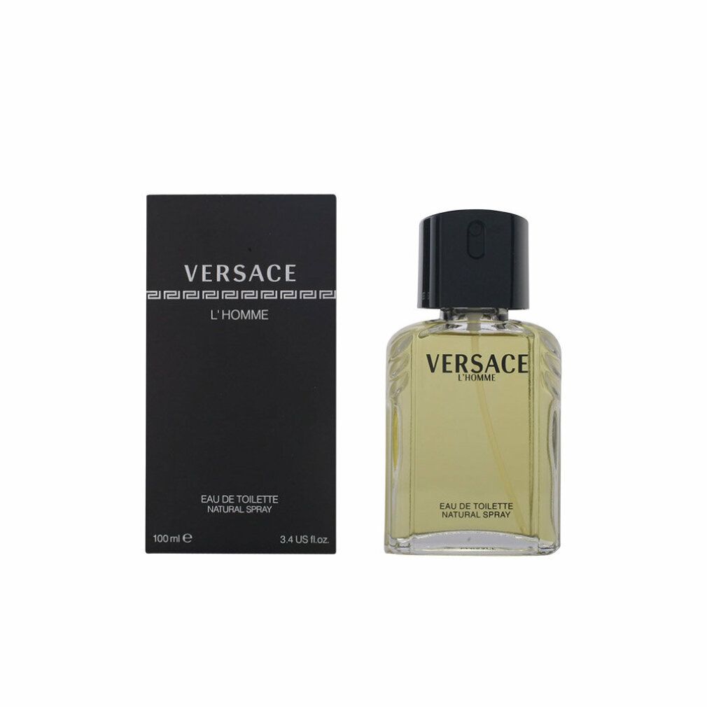 Versace L'Homme Eau de Toilette Flakon und Schachtel. Flakon mit schwarzem Deckel, daneben die schwarze Schachtel.