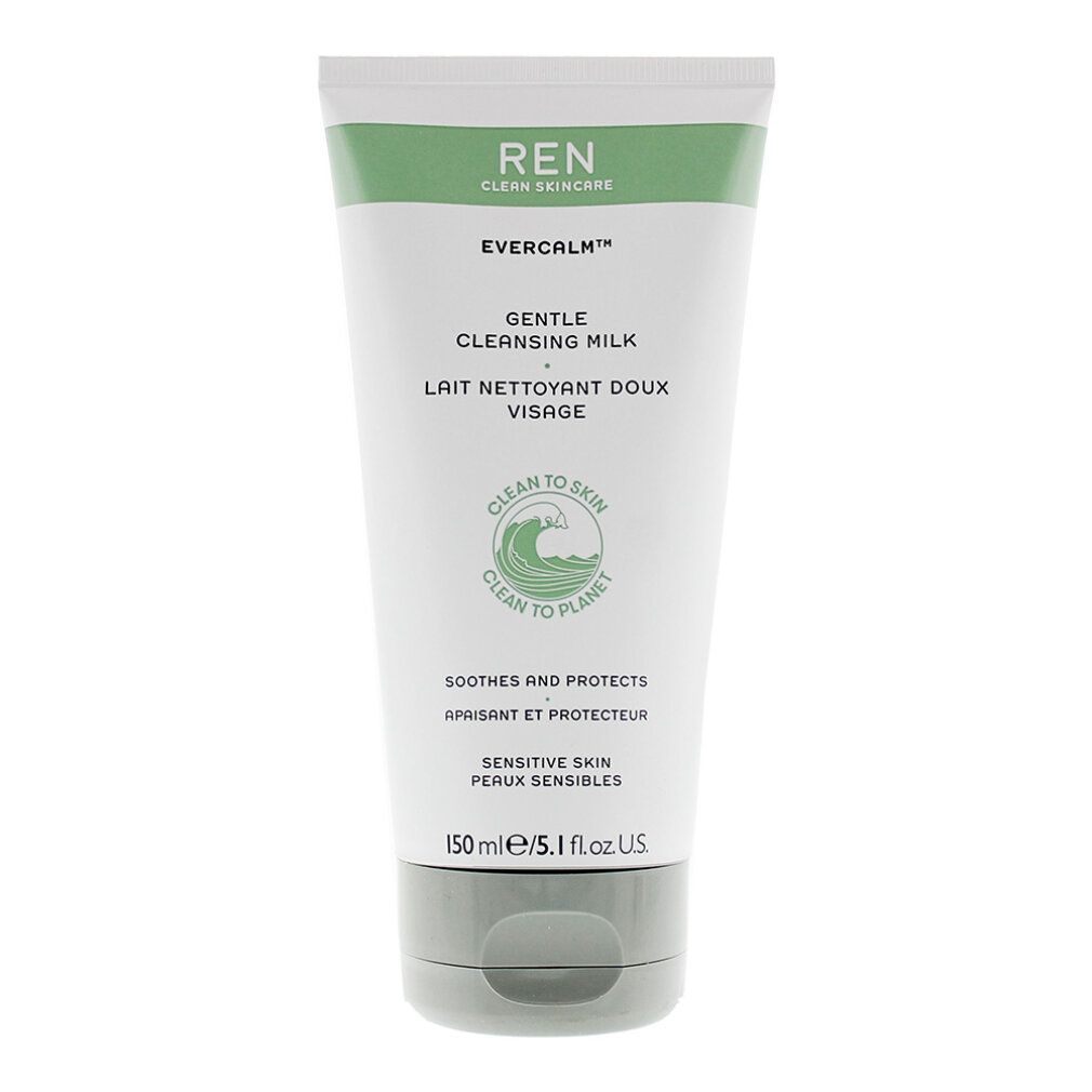 Weiß-grüne Tube mit Produktbezeichnung und Text. Aufschrift: EVERCALM Gentle Cleansing Milk. 150 ml.