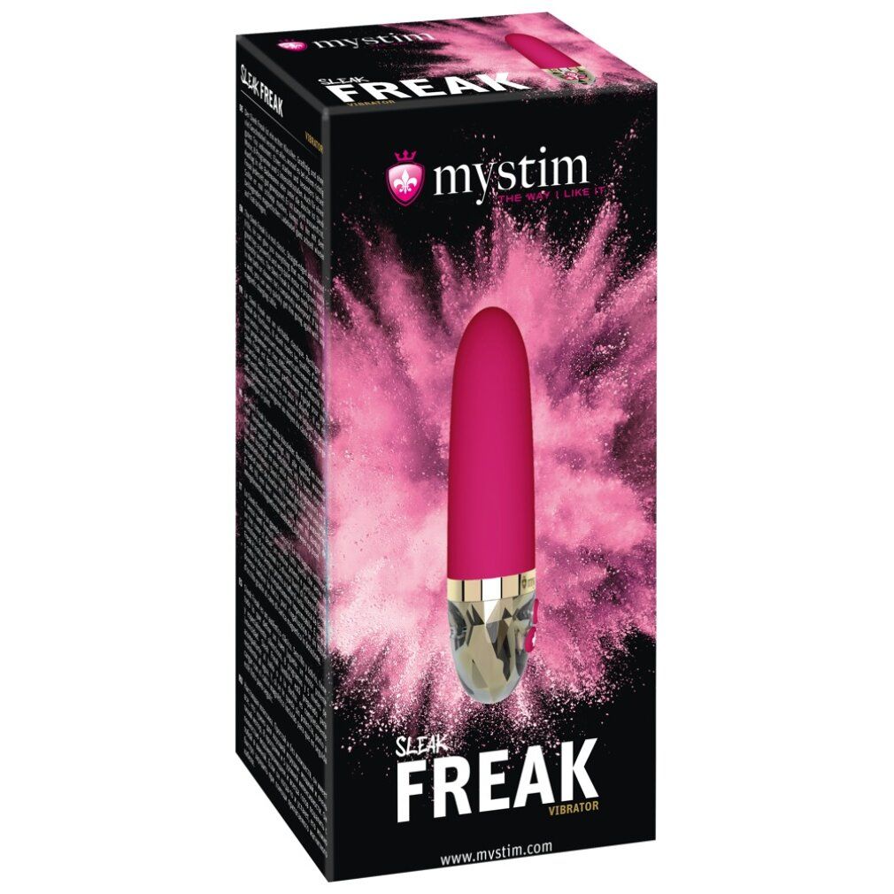 Verpackung des Vibrators. Schwarzer Karton mit Produktbild und Text. Marke Mystim.