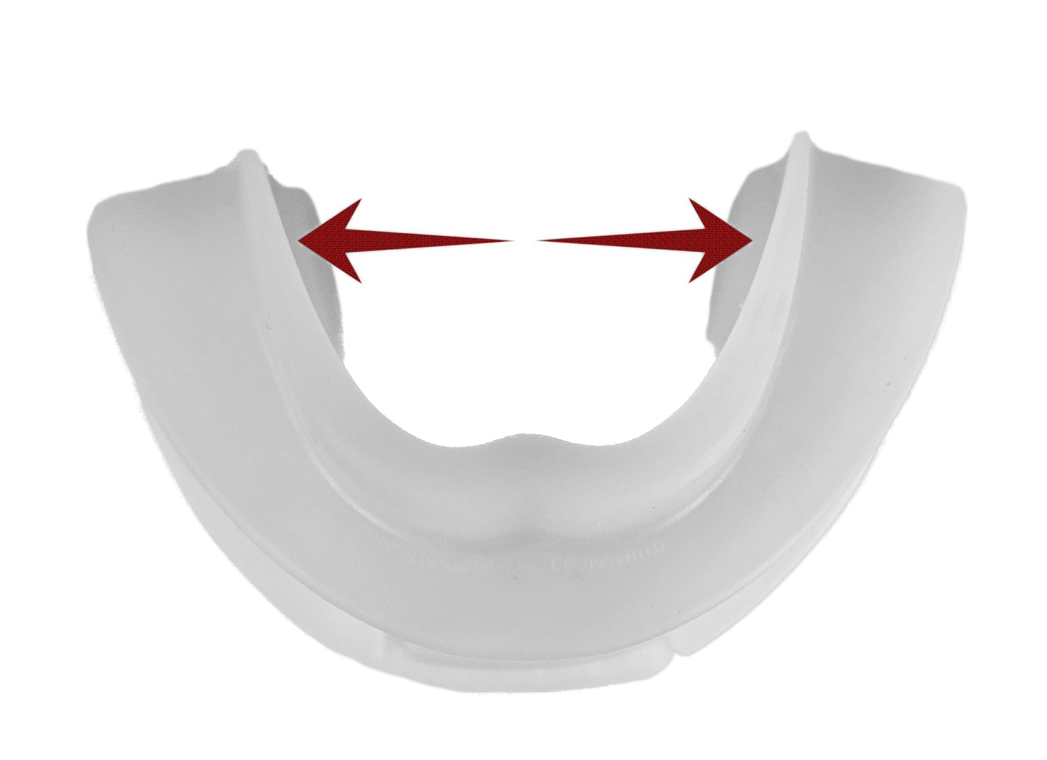 Weiße Unterkieferprotrusionsschiene. U-Form. Rote Pfeile zeigen die Breite an.