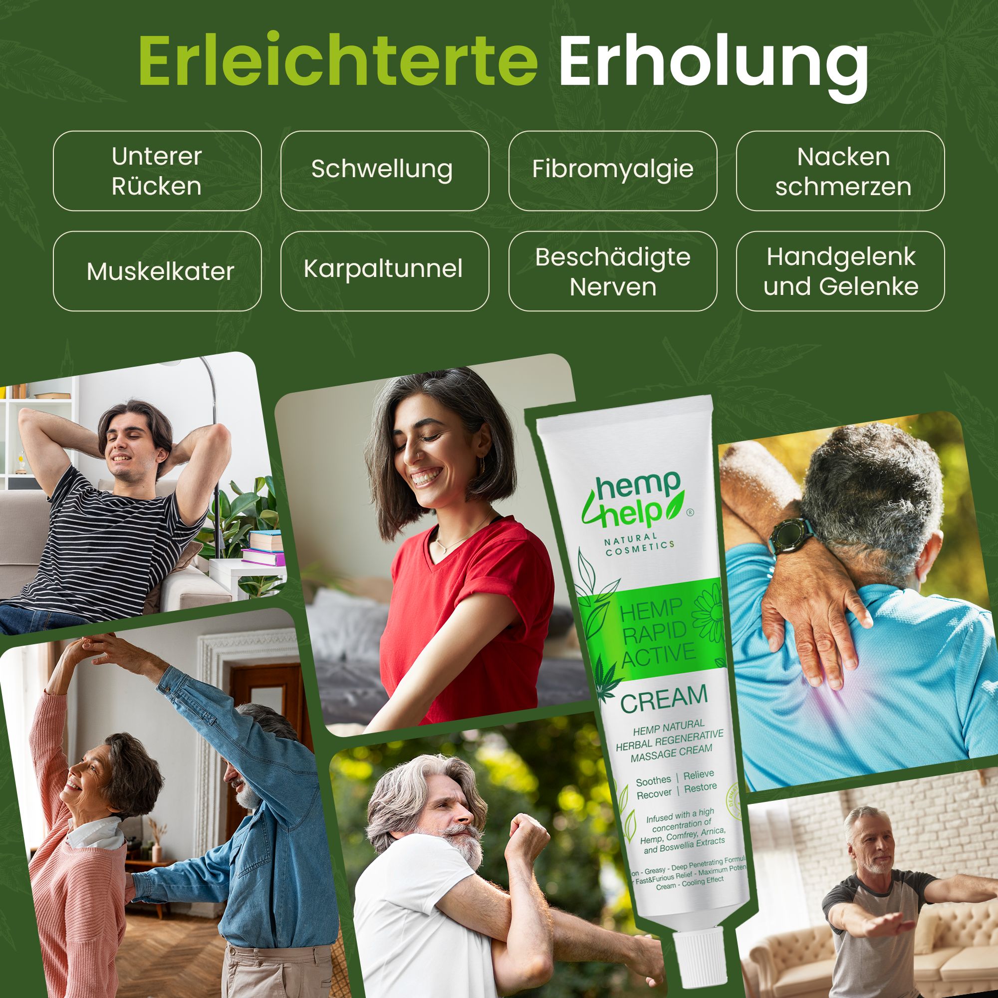 Hemp+Help Rapid Active Creme Tube mit Bildern von Menschen, die sich entspannen und dehnen.