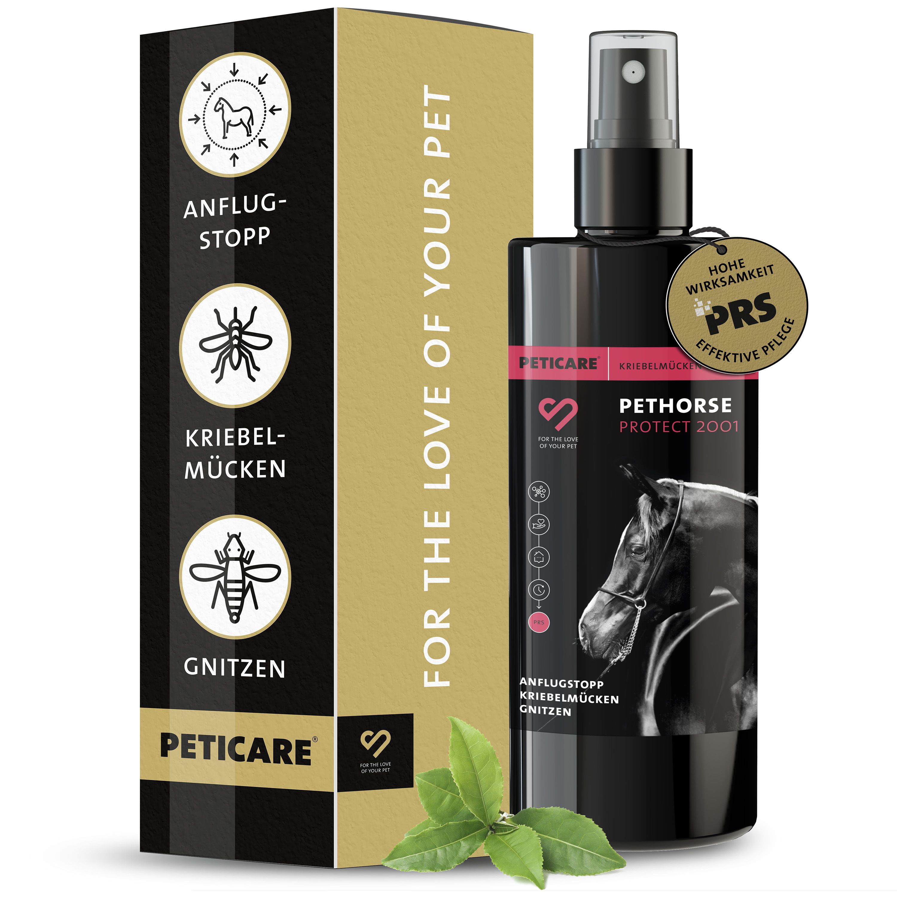 Produktflasche und Verpackung. Schwarze Flasche mit Sprühkopf, goldene Verpackung. Text: Anflugstopp, Kriebelmücken, Gnitzen.