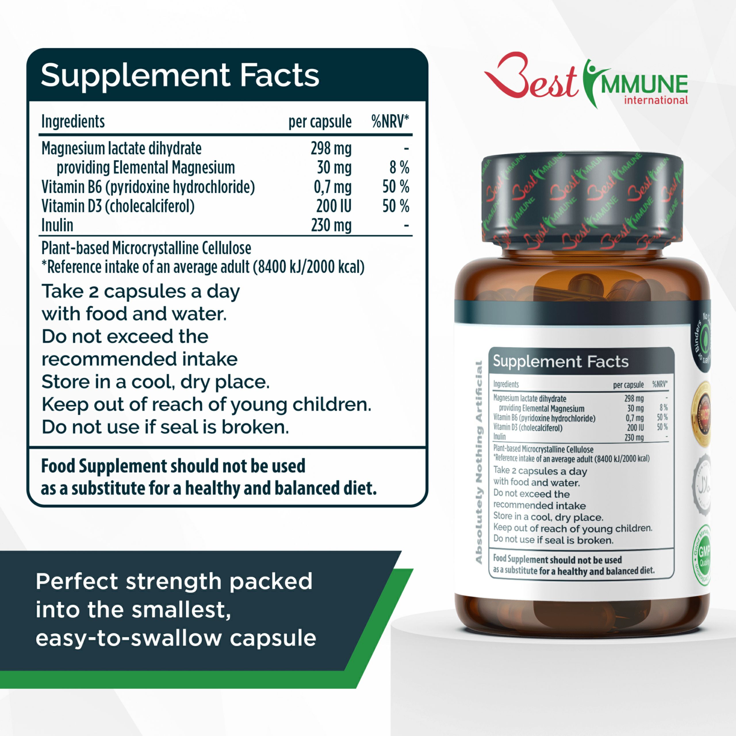 Best Immune Magnesiumlaktat Präbiotischer Komplex mit Vitamin B6, D3 und Inulin