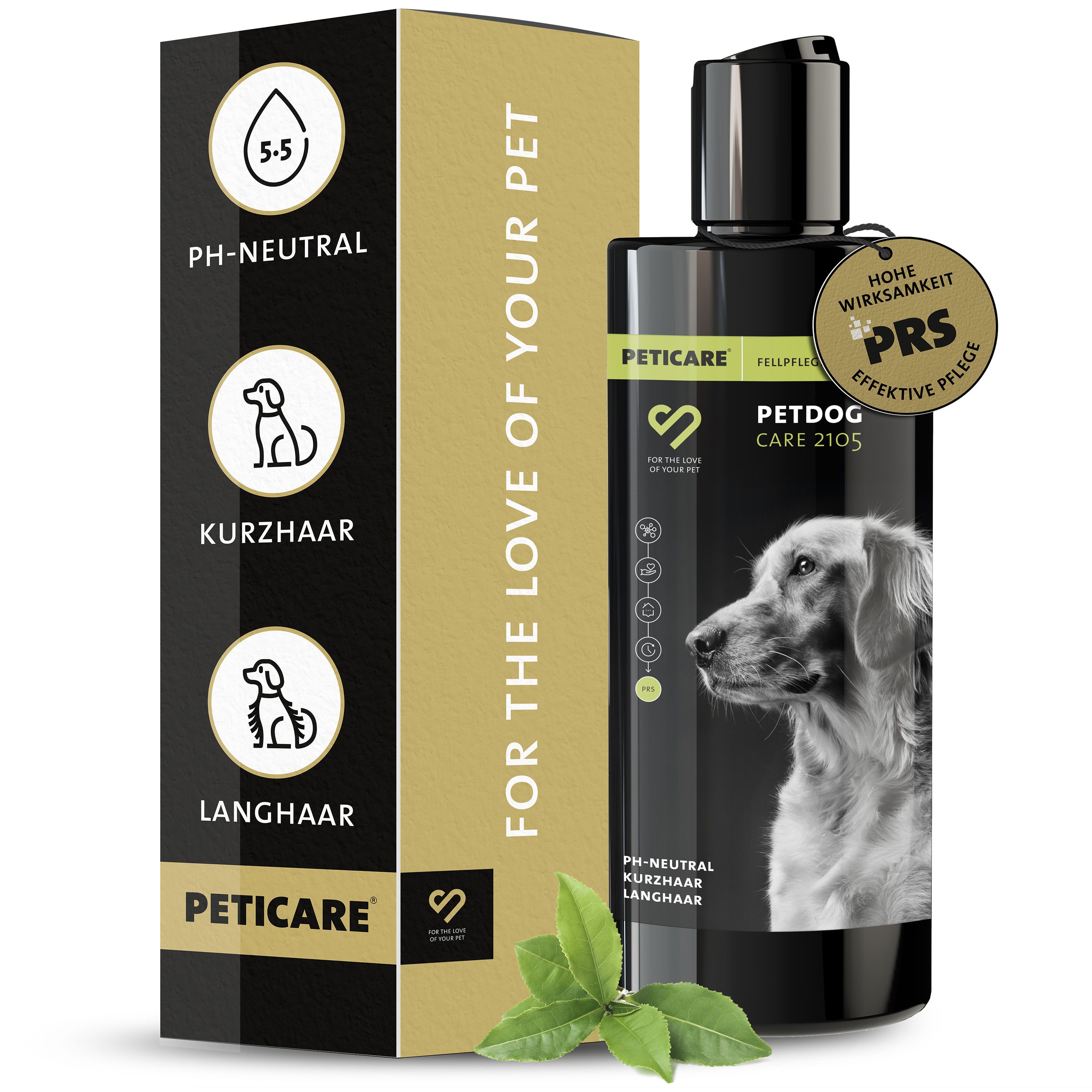 Peticare Hunde-Shampoo-Flasche und Verpackung. Aufschrift: pH-neutral, Kurzhaar, Langhaar. Logo und Produktname.
