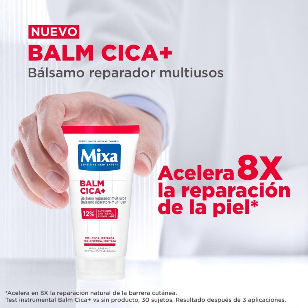 Weiß-rote Tube mit Mixa Balm Cica+. Text: Bálsamo reparador multiusos. Beschleunigt die Hautregeneration. 12% Inhaltsstoffe.