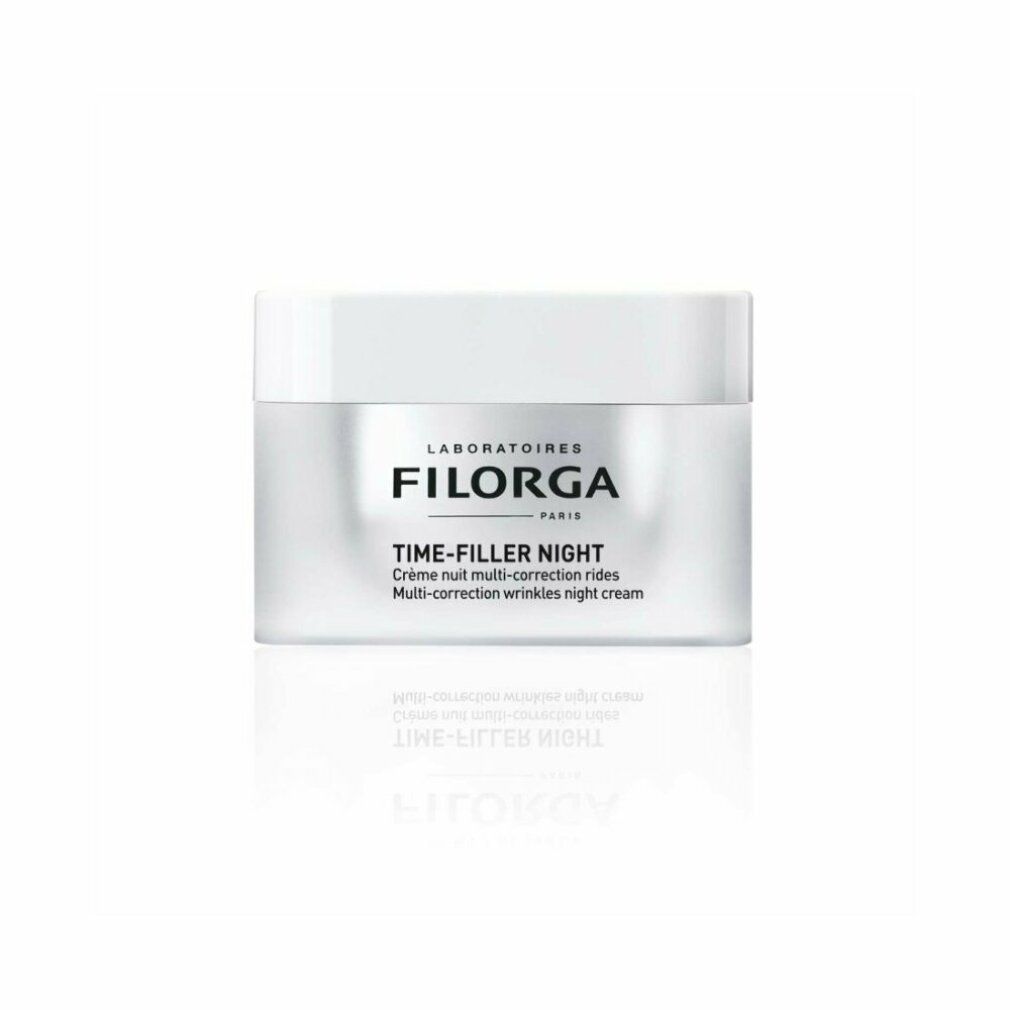 Creme-Tiegel mit Deckel. Aufschrift: FILORGA, TIME-FILLER NIGHT. Text: Crème nuit multi-correction rides, Multi-correction wrinkles night cream.
