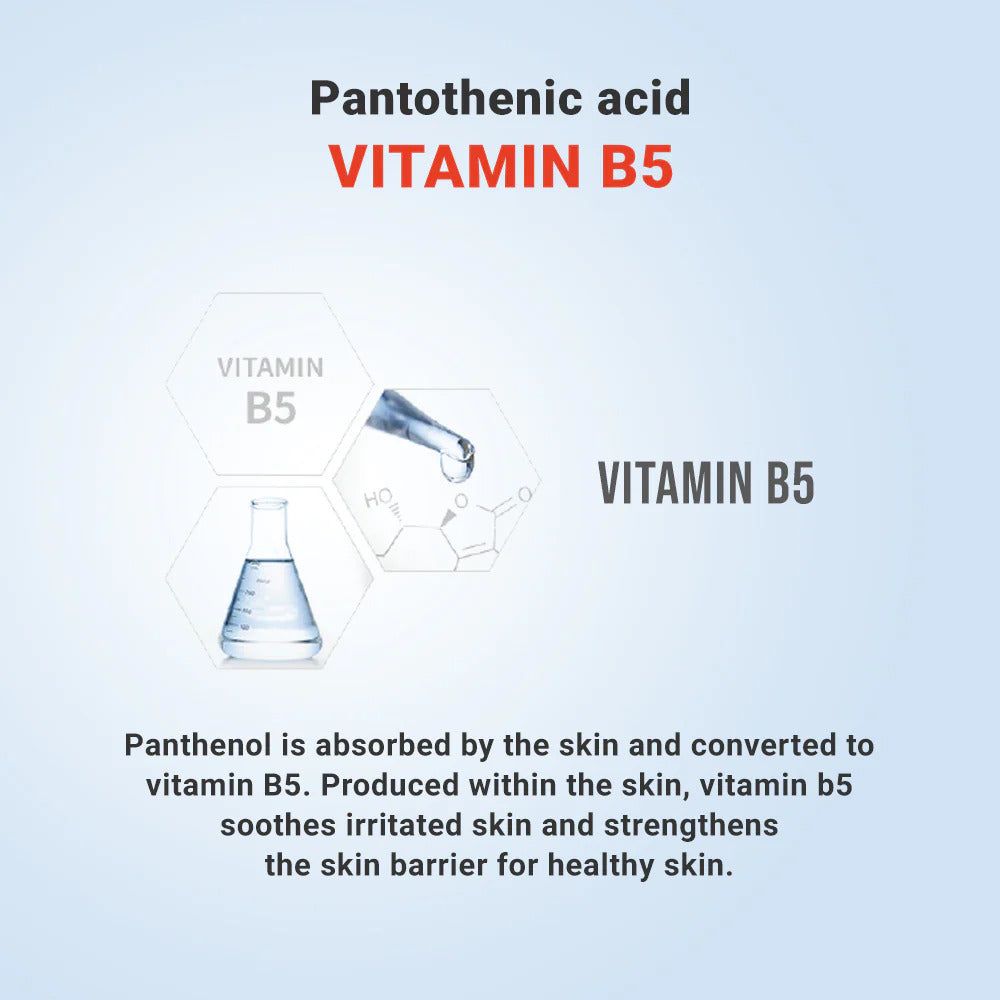 Grafik: Pantothensäure (Vitamin B5). Chemische Struktur, Flasche, Text über die Wirkung auf die Haut.