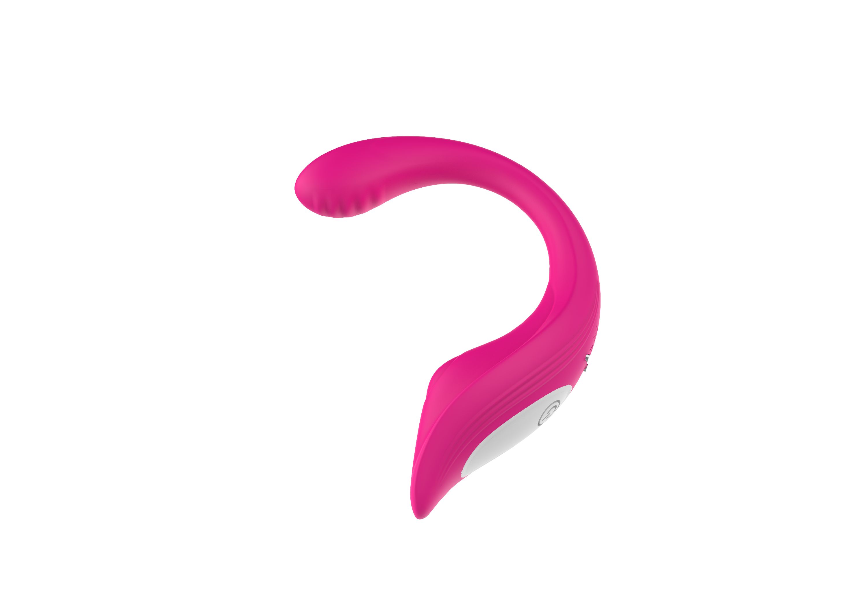 Rosa Vibrator mit gebogener Form. Oberteil mit abgerundeter Spitze. Unterteil mit geriffelter Oberfläche. Auf weißem Hintergrund.