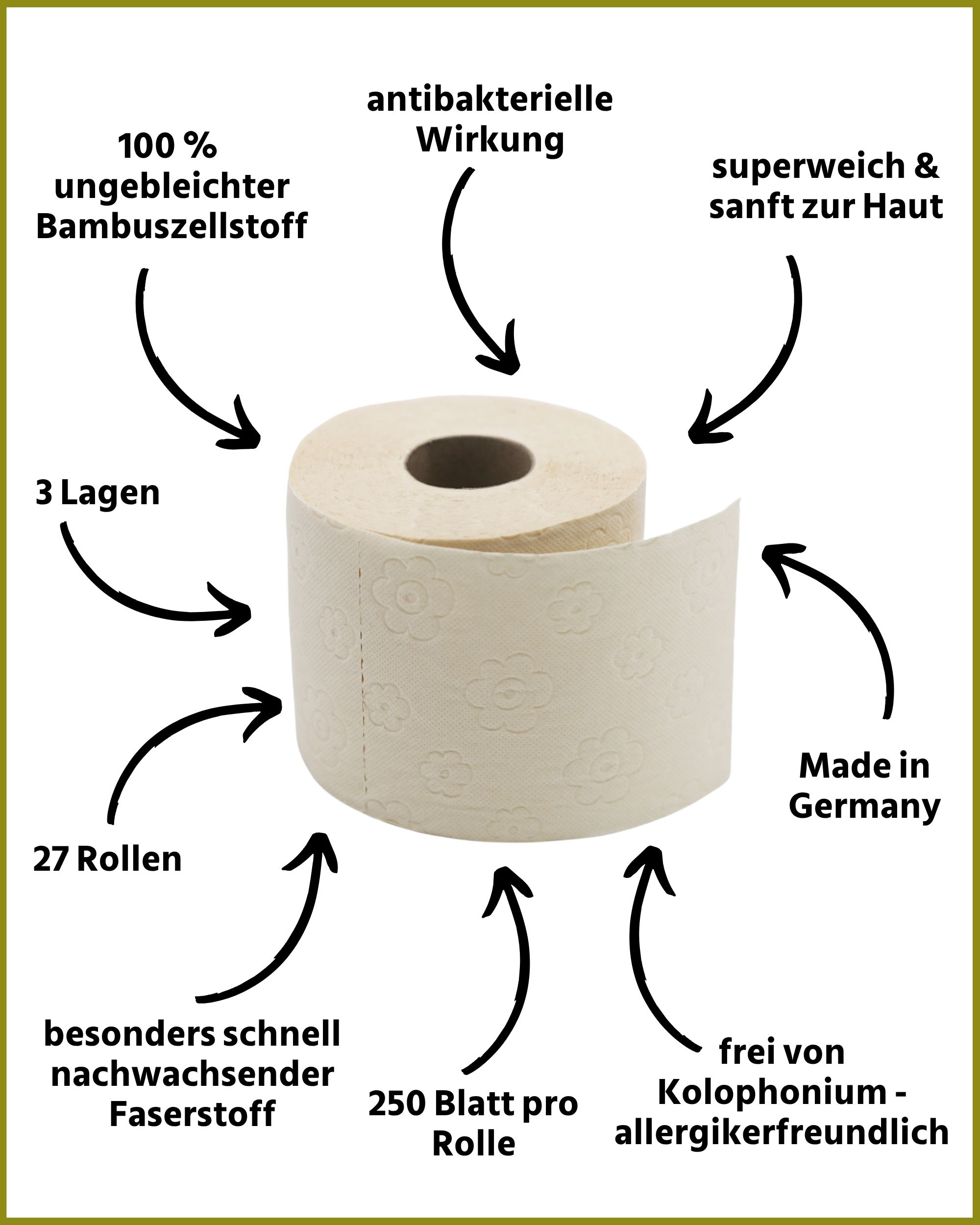 Toilettenpapierrolle mit floralem Muster. 27 Rollen, 250 Blatt pro Rolle, 3 Lagen, aus Bambuszellstoff, antibakteriell, superweich, Made in Germany.