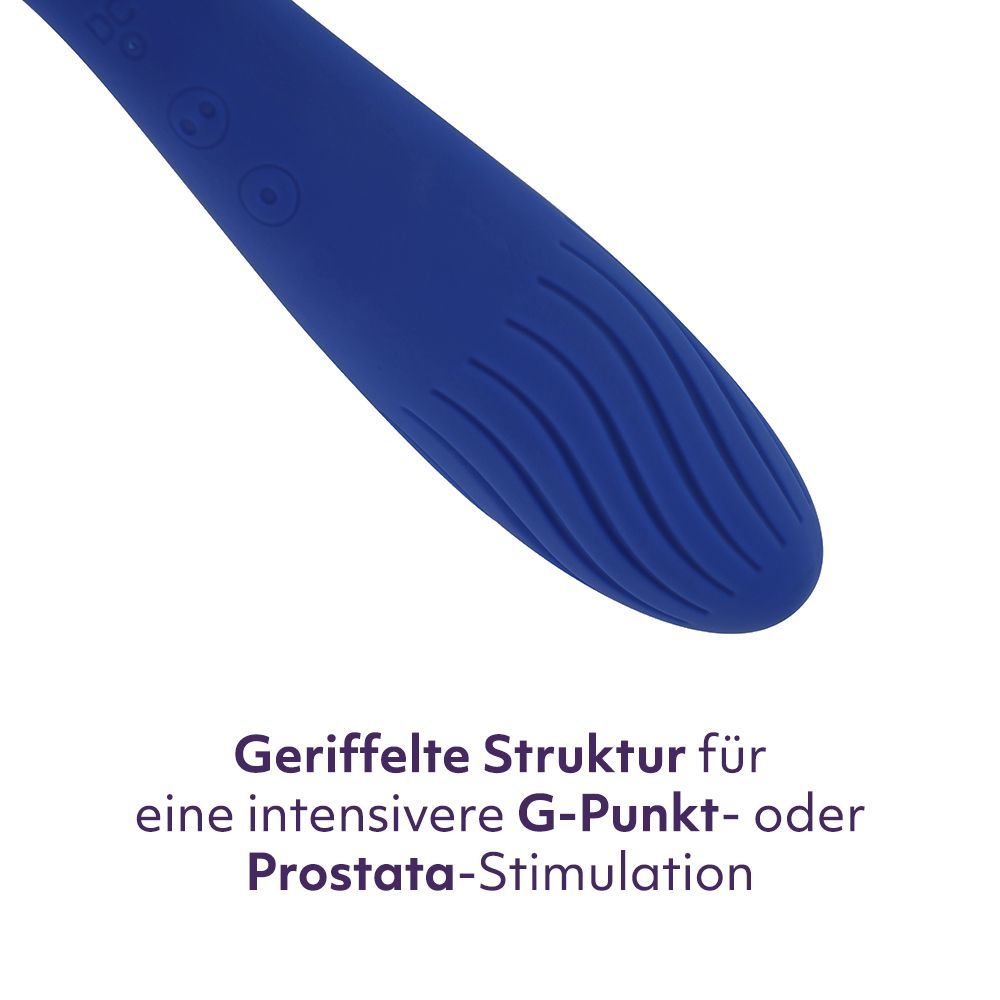 Nahaufnahme des blauen Vibrators. Geriffelte Struktur am Griff. Text: Geriffelte Struktur für intensivere Stimulation.