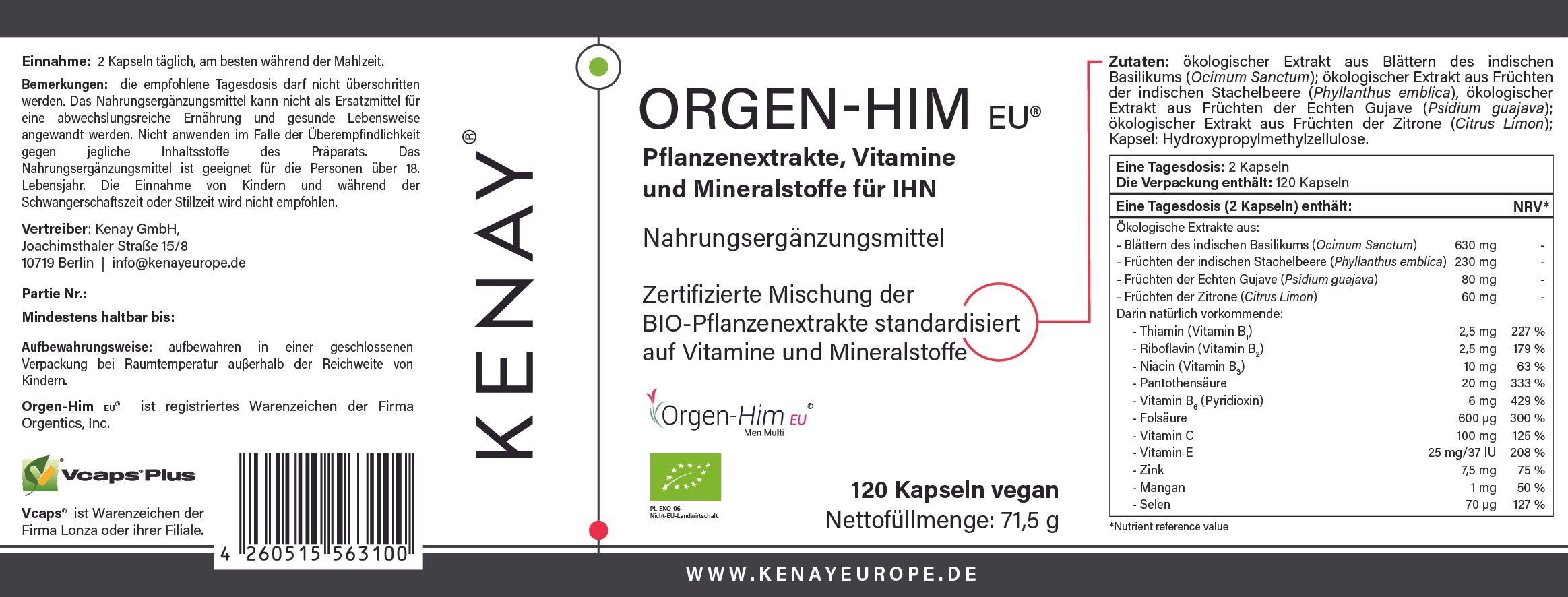 Weißes Etikett mit Text: ORGEN-HIM EU, Nahrungsergänzungsmittel, 120 Kapseln vegan. Marke KENAY. Zutatenliste.