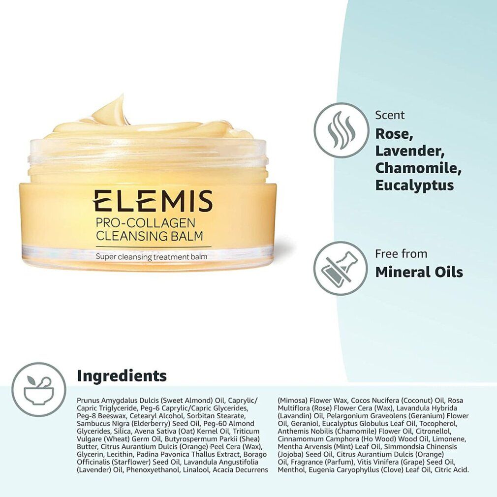 Offener Tiegel mit gelblicher Creme. Aufschrift: Elemis Pro-Collagen Cleansing Balm. Zusätzliche Symbole und Text.