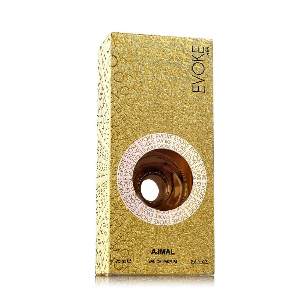 Goldfarbene Verpackung mit Aufschrift EVOKE HER. Sichtbares Loch in der Mitte. Aufschrift: AJMAL, Eau de Parfum, 75ml, 2.5 fl.oz.