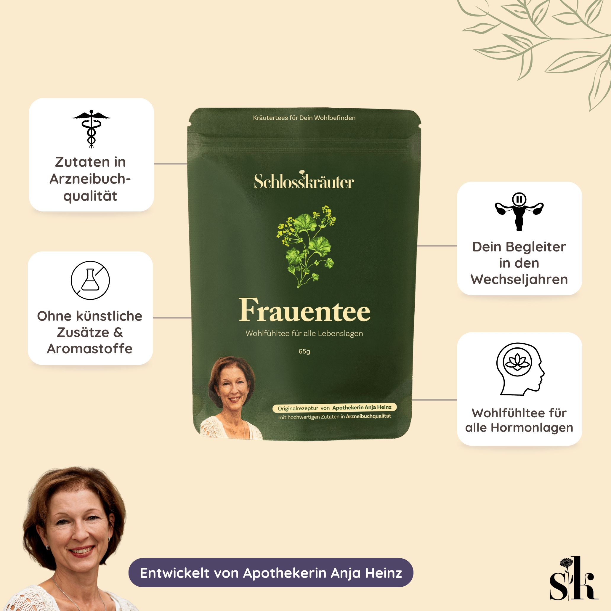 Produktverpackung von Schlosskräuter Frauentee. Mit Icons: Zutaten in Arzneibuchqualität, ohne künstliche Zusätze, Begleiter in den Wechseljahren, Wohlfühltee.